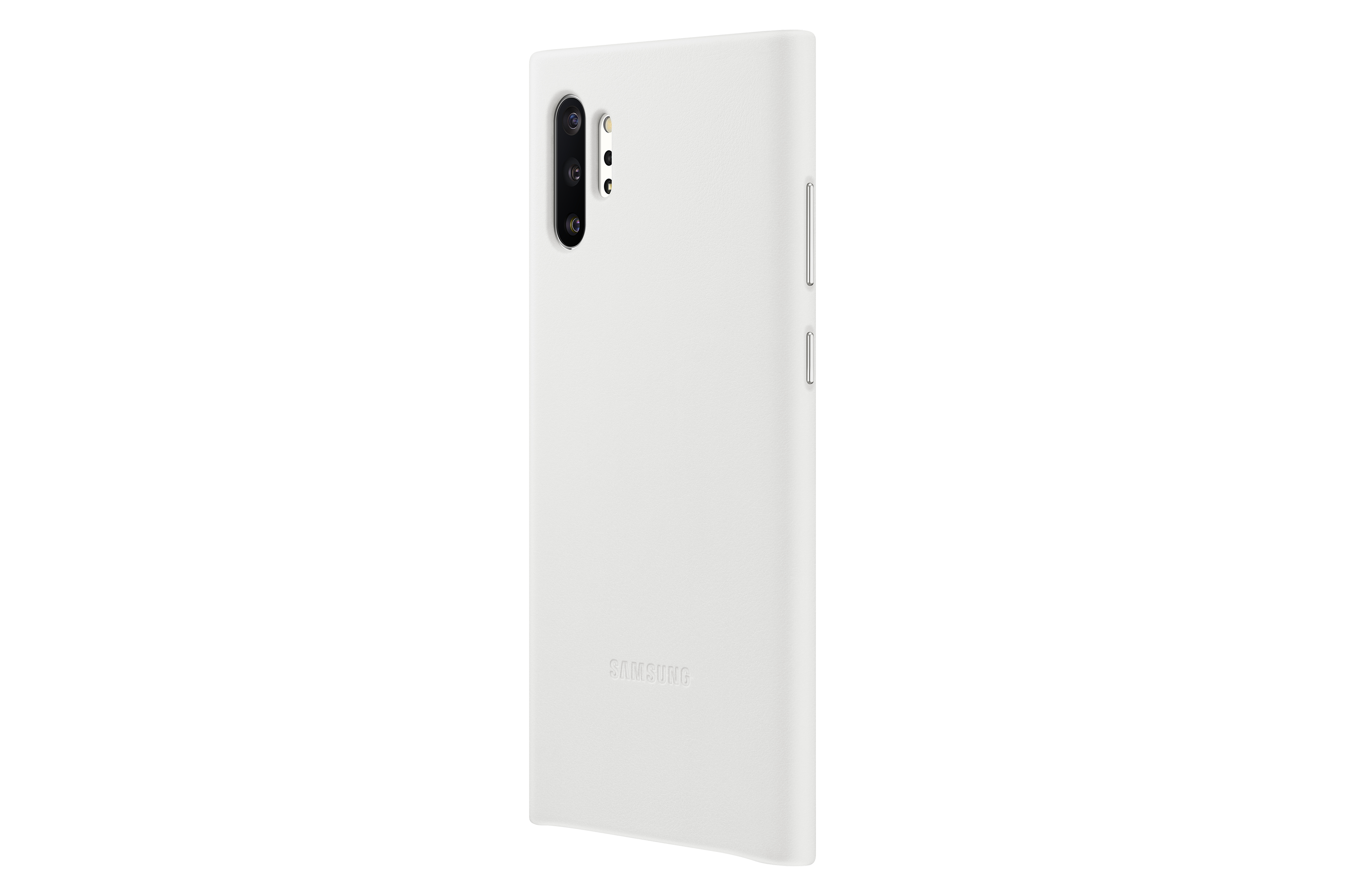 Weiße Handyhülle mit drei Kameras. Samsung-Logo unten. Isoliert auf weißem Hintergrund.
