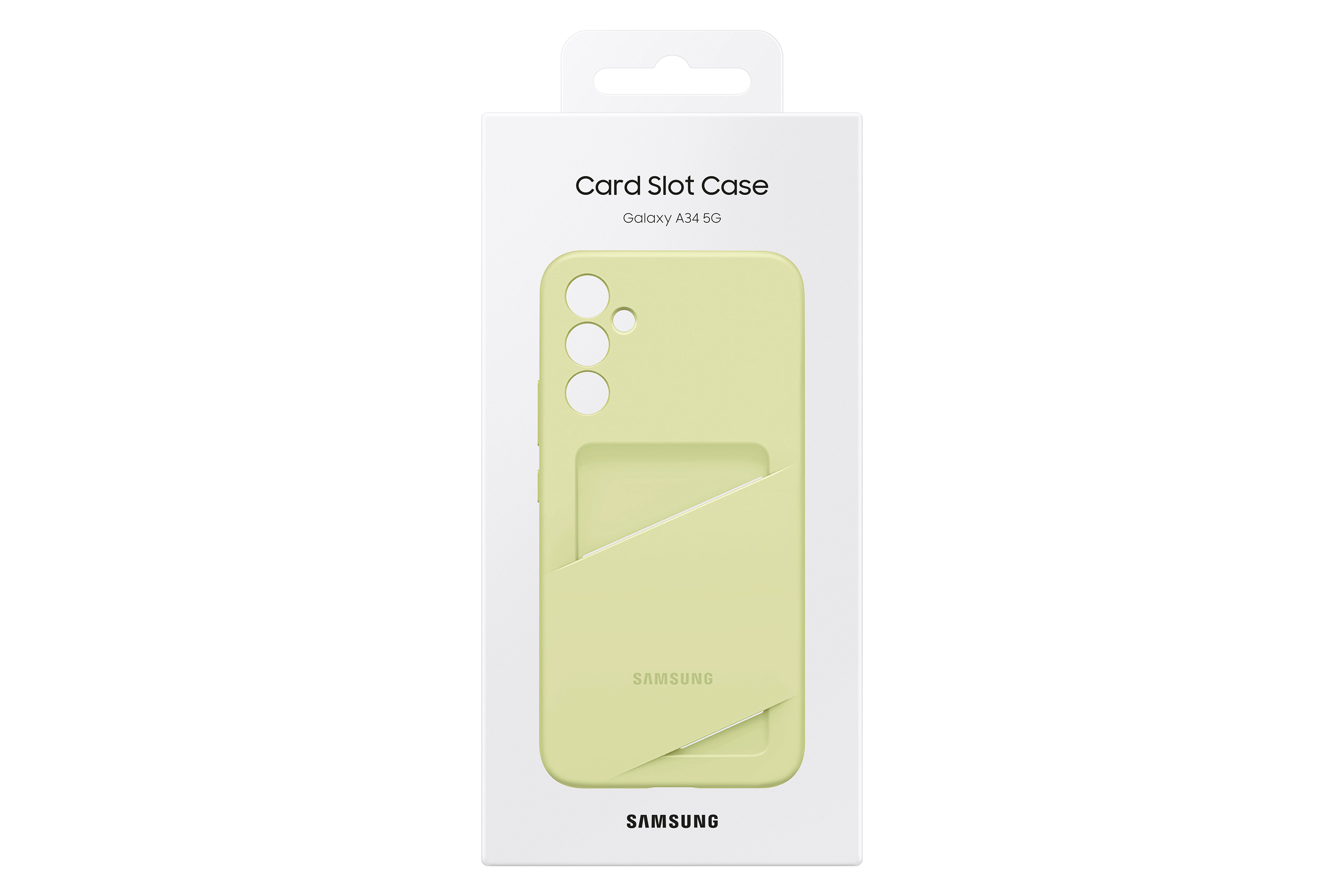 Lichtgroene telefoonhoes met kaartsleuf. Samsung-logo. Witte verpakking. Geïsoleerd op witte achtergrond.