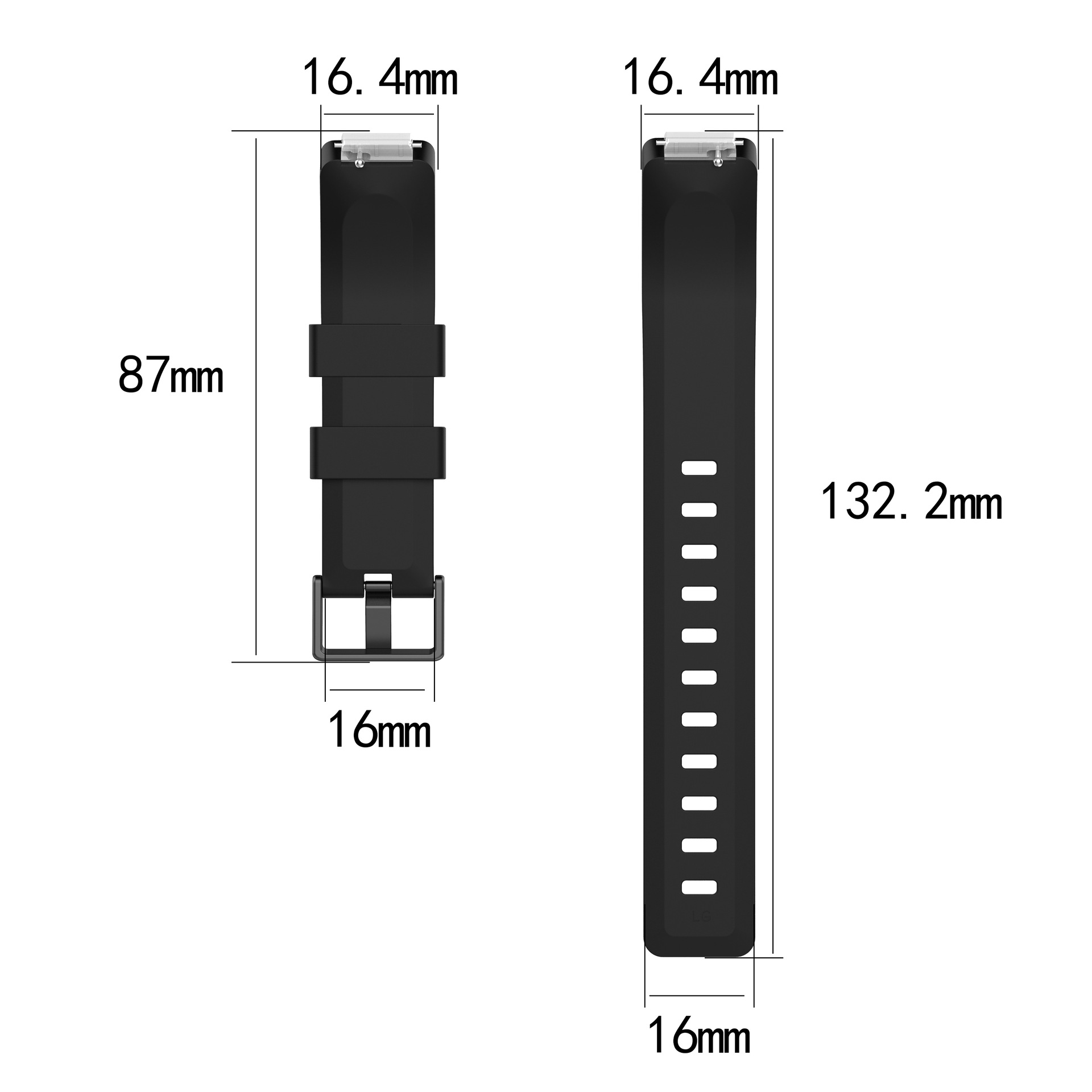 Abmessungen des schwarzen Smartwatch-Armbands. Ein Band ist 87 mm und das andere 132,2 mm, beide 16 mm breit.