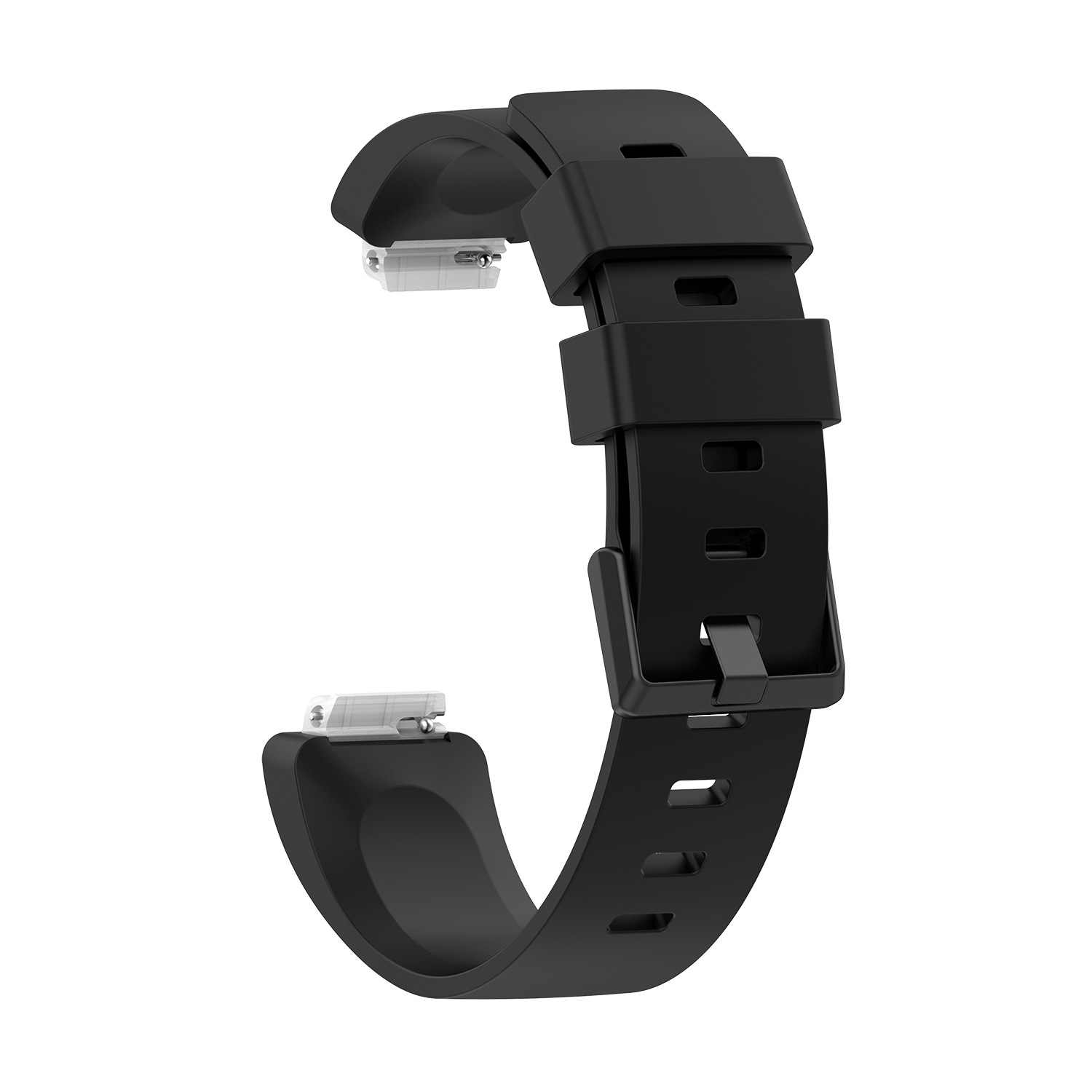 Schwarzes Smartwatch-Armband mit Schnalle und weißen Aufsätzen.