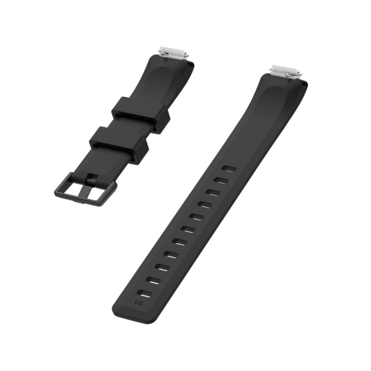 Zwei schwarze Smartwatch-Armbänder. Eines mit Schnalle und das andere mit Löchern und LG-Markierung.