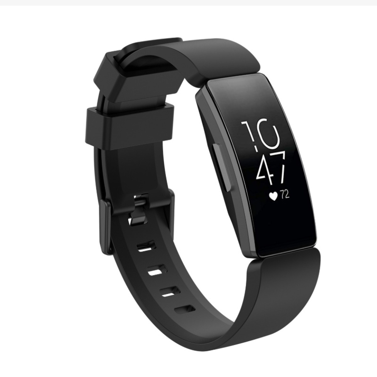 Schwarze Smartwatch, die Zeit und Herzfrequenz anzeigt. Schwarzes Armband.