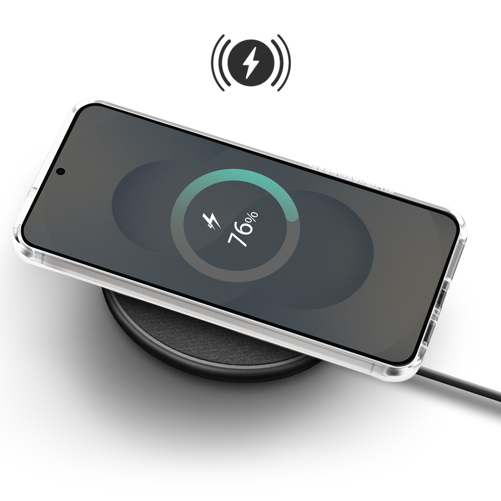 Téléphone se chargeant sans fil. L'écran du téléphone affiche un indicateur de charge à 76 %.