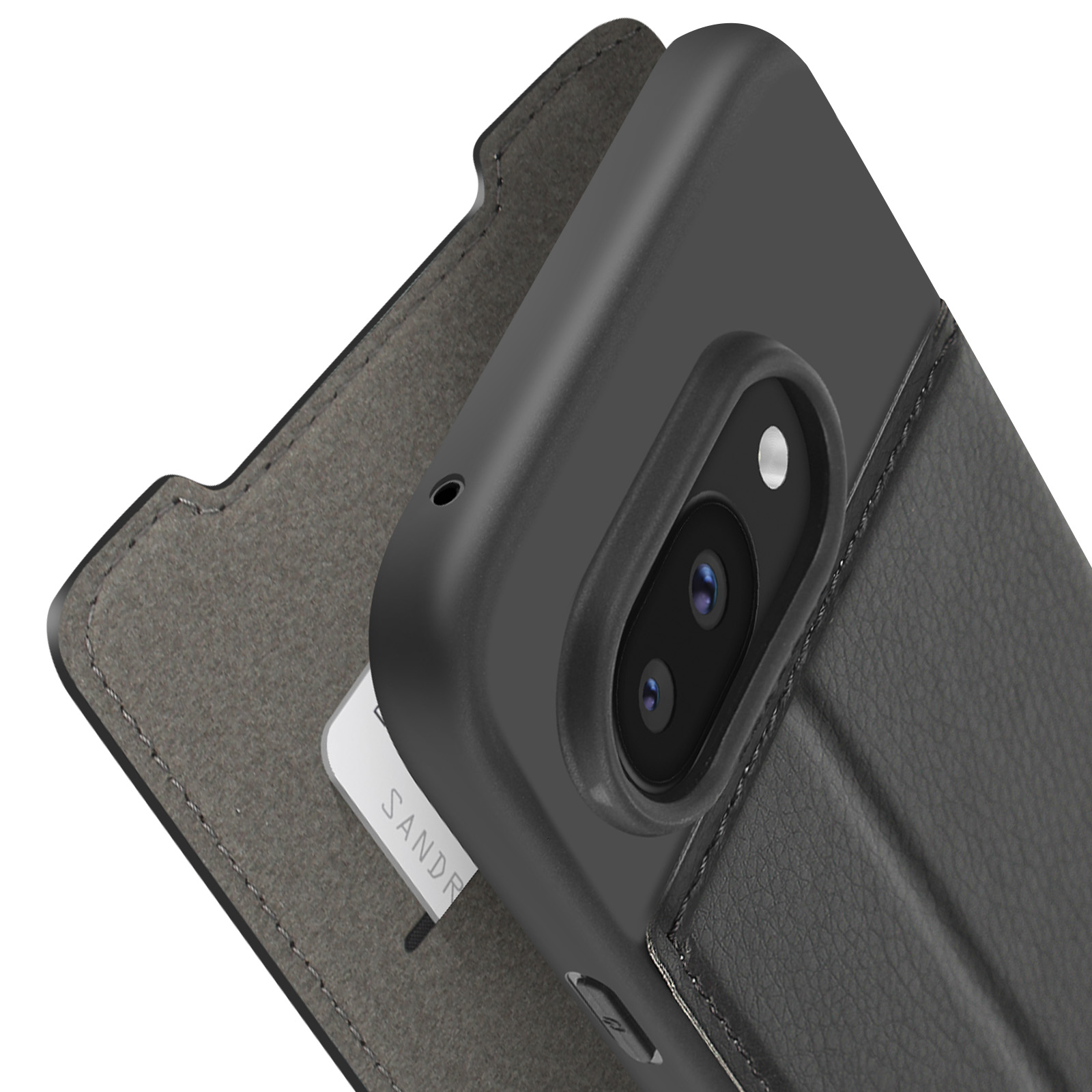 Viene mostrata una custodia per telefono nera. La custodia ha uno slot per schede e un rigonfiamento della fotocamera.