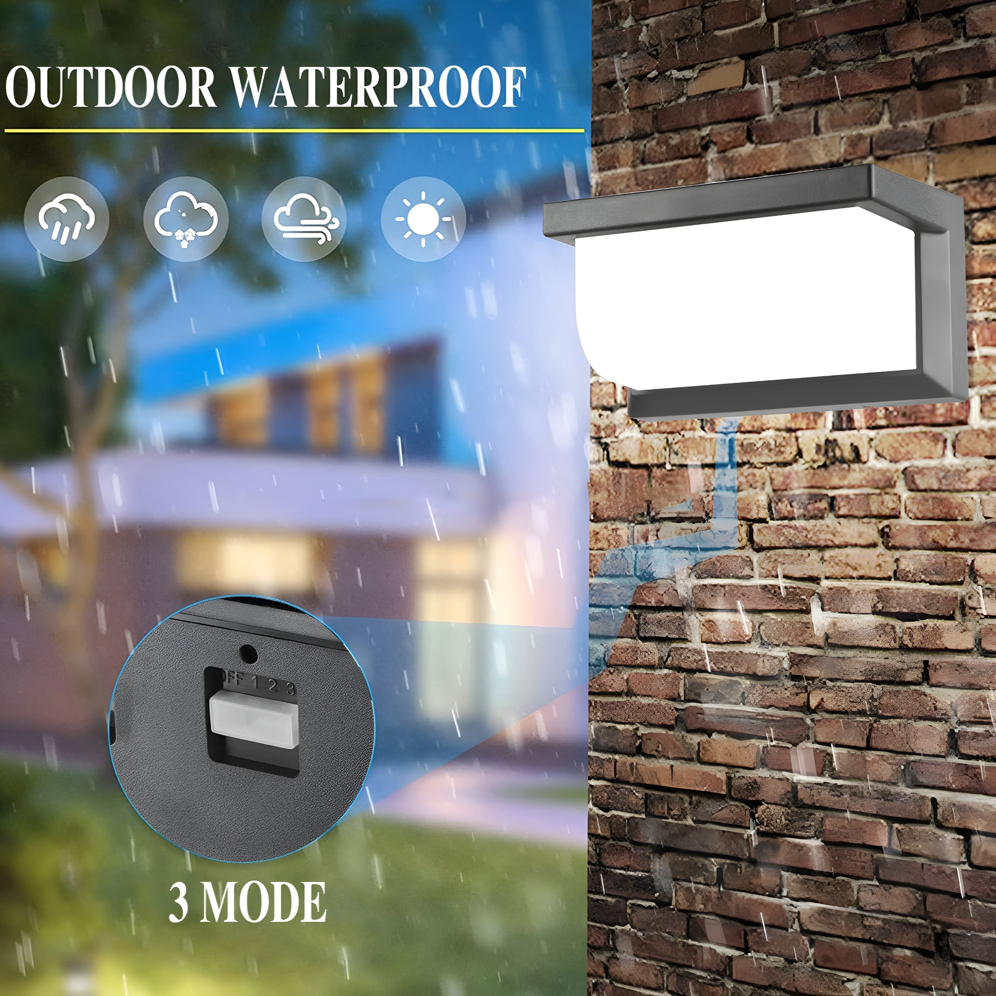 Solarleuchte an Backsteinmauer, Regen. Nahaufnahme zeigt Schalter mit Modi. Text: OUTDOOR WATERPROOF, 3 MODE.