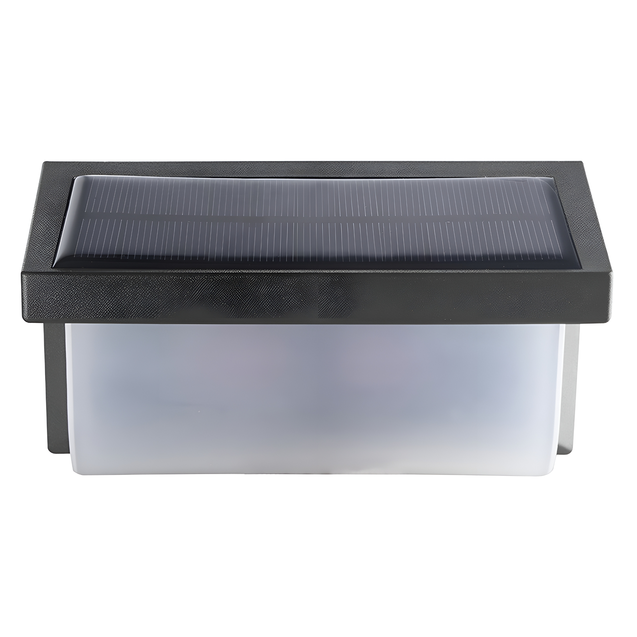 Rechteckige schwarze Solarleuchte mit Solarpanel oben und mattiertem, durchscheinendem Lichtfach unten.