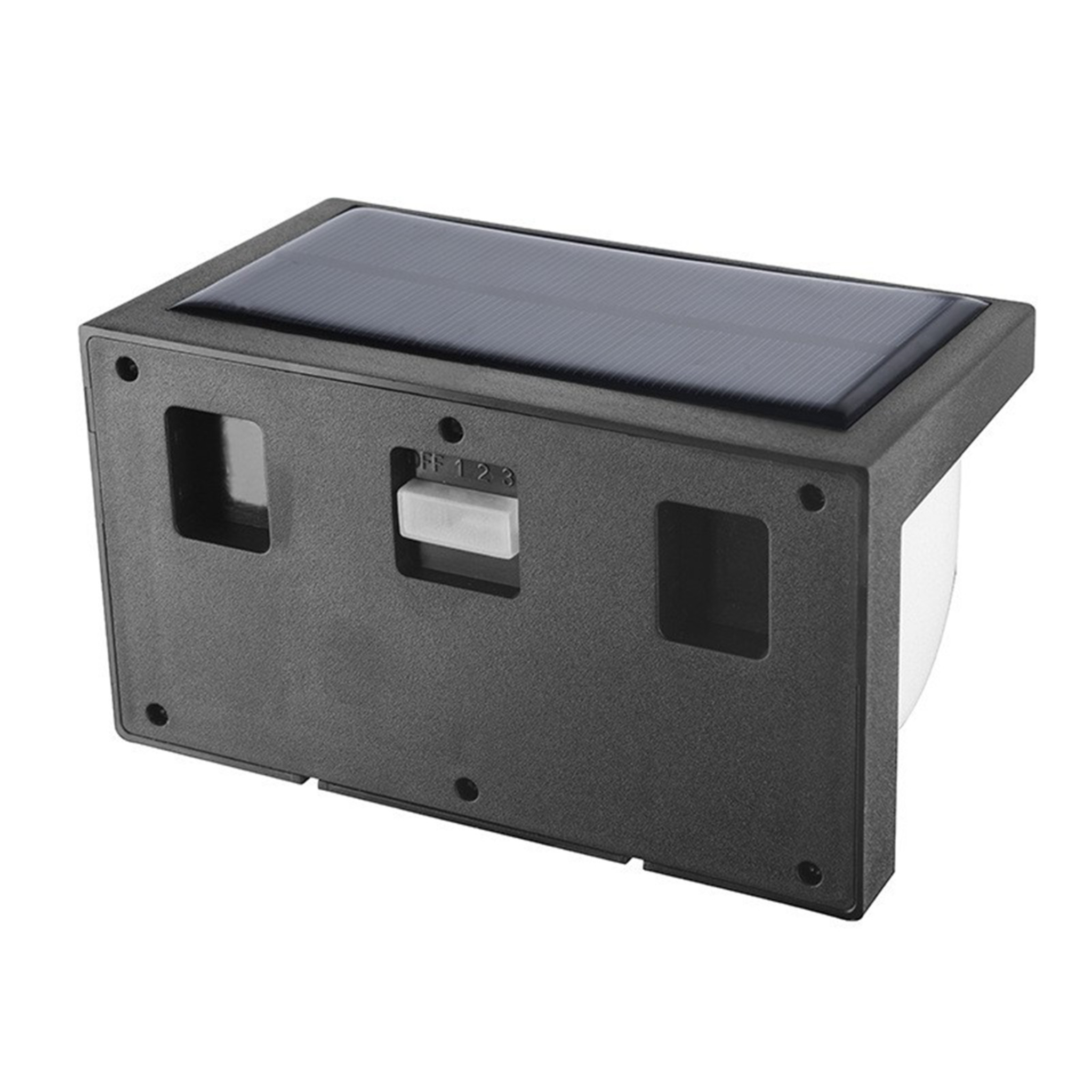 Schwarze Solarleuchte mit Schalter, rechteckige Form, Solarpanel oben und zwei Öffnungen vorne.