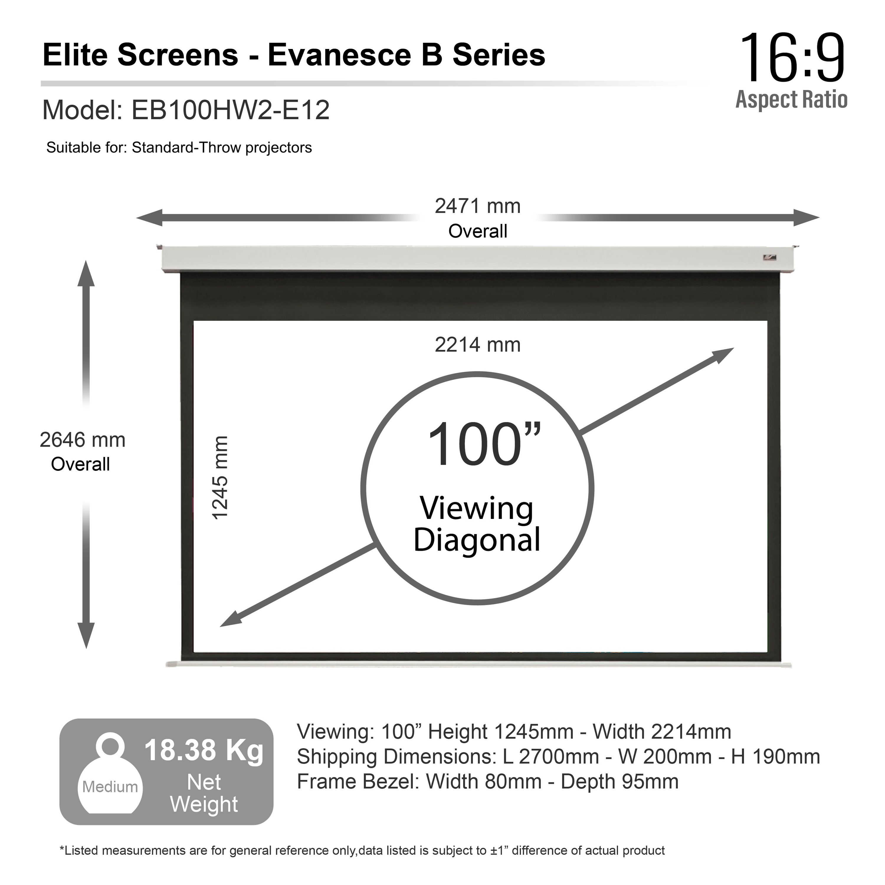 Diagramma schermo di proiezione. Mostra dimensioni, inclusi 100" diagonale, 1245mm altezza, 2214mm larghezza. Peso netto 18,38 Kg.