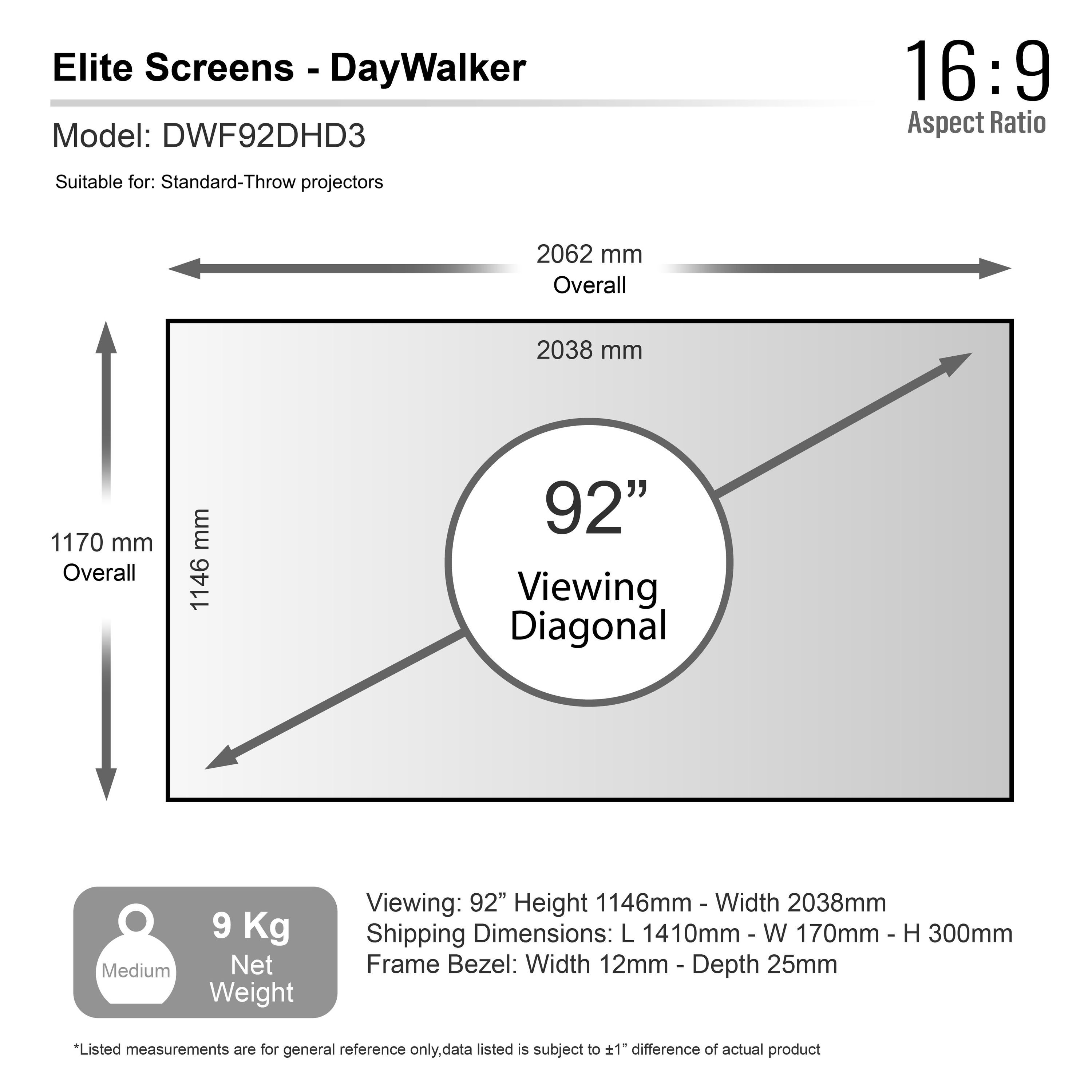 Projectieschermdiagram. Toont afmetingen, waaronder 92" diagonaal, 1146mm hoogte, 2038mm breedte. Netto gewicht 9 kg.