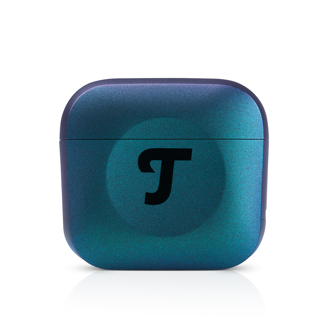 Turkusowo-niebieskie etui z czarnym logo 'T'. Białe tło, zaokrąglone krawędzie.