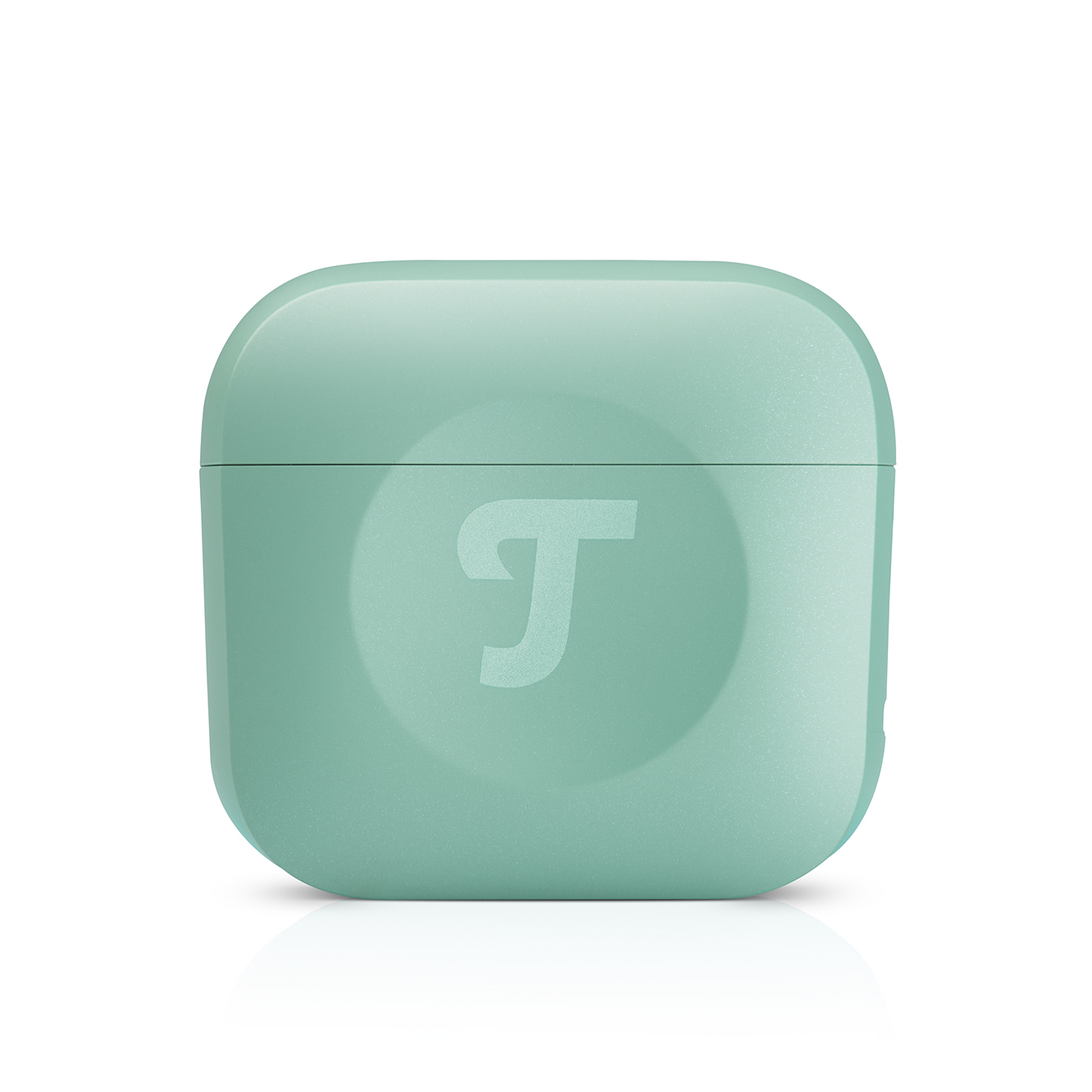 Zielone etui z logo 'T'. Zaokrąglone krawędzie. Białe tło.