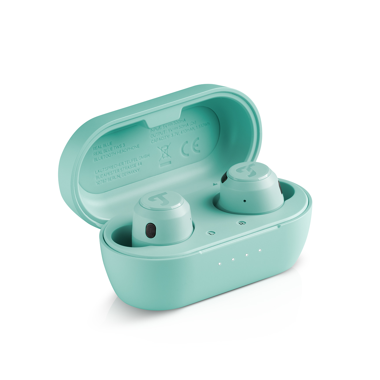 Słuchawki douszne w etui ładującym. Etui jest otwarte i ma w środku słuchawki.