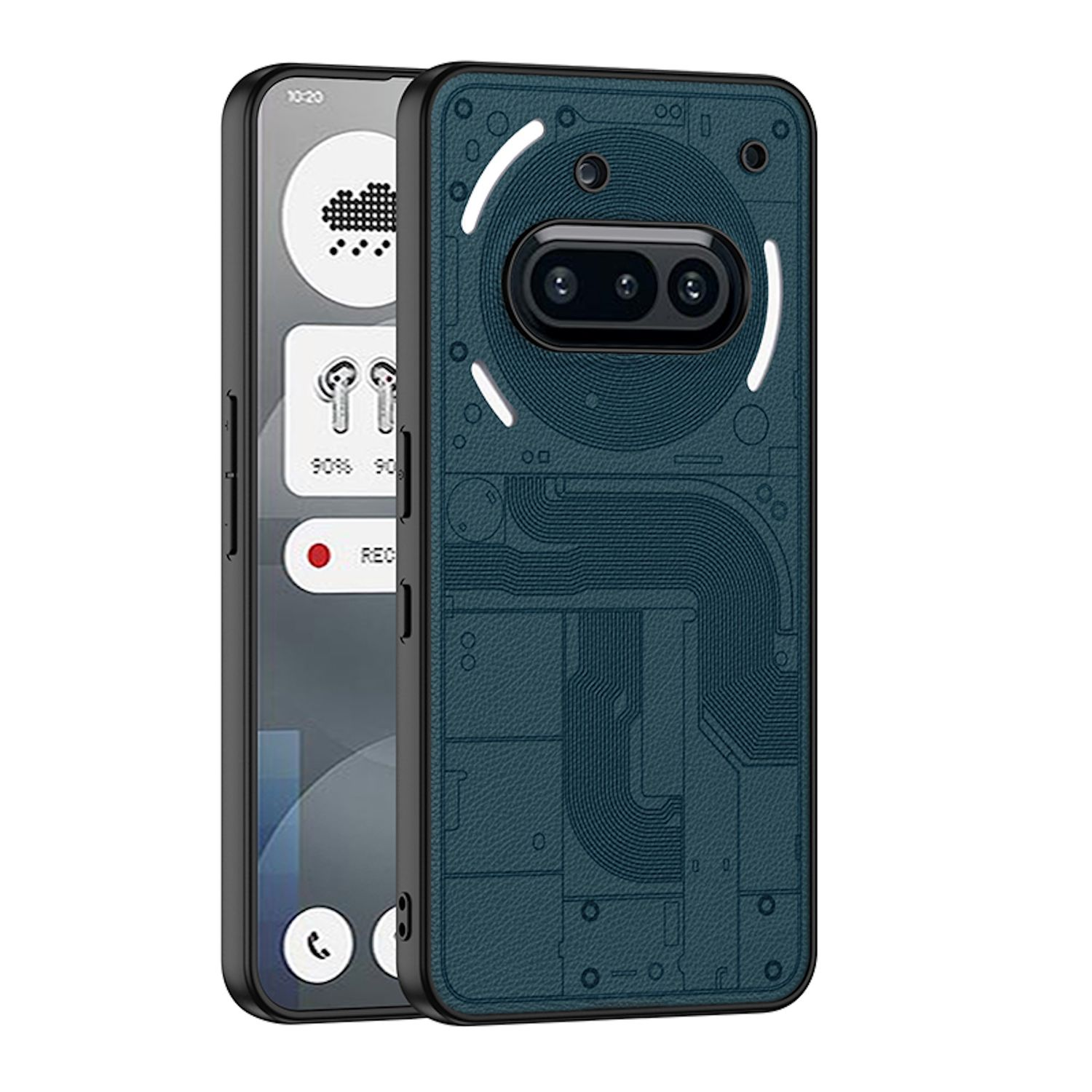 Blaue Handyhülle mit Leiterplattendesign, schwarzer Rahmen. Telefonbildschirm zeigt App-Symbole. Ohrhörer und Uhrzeit sind sichtbar.