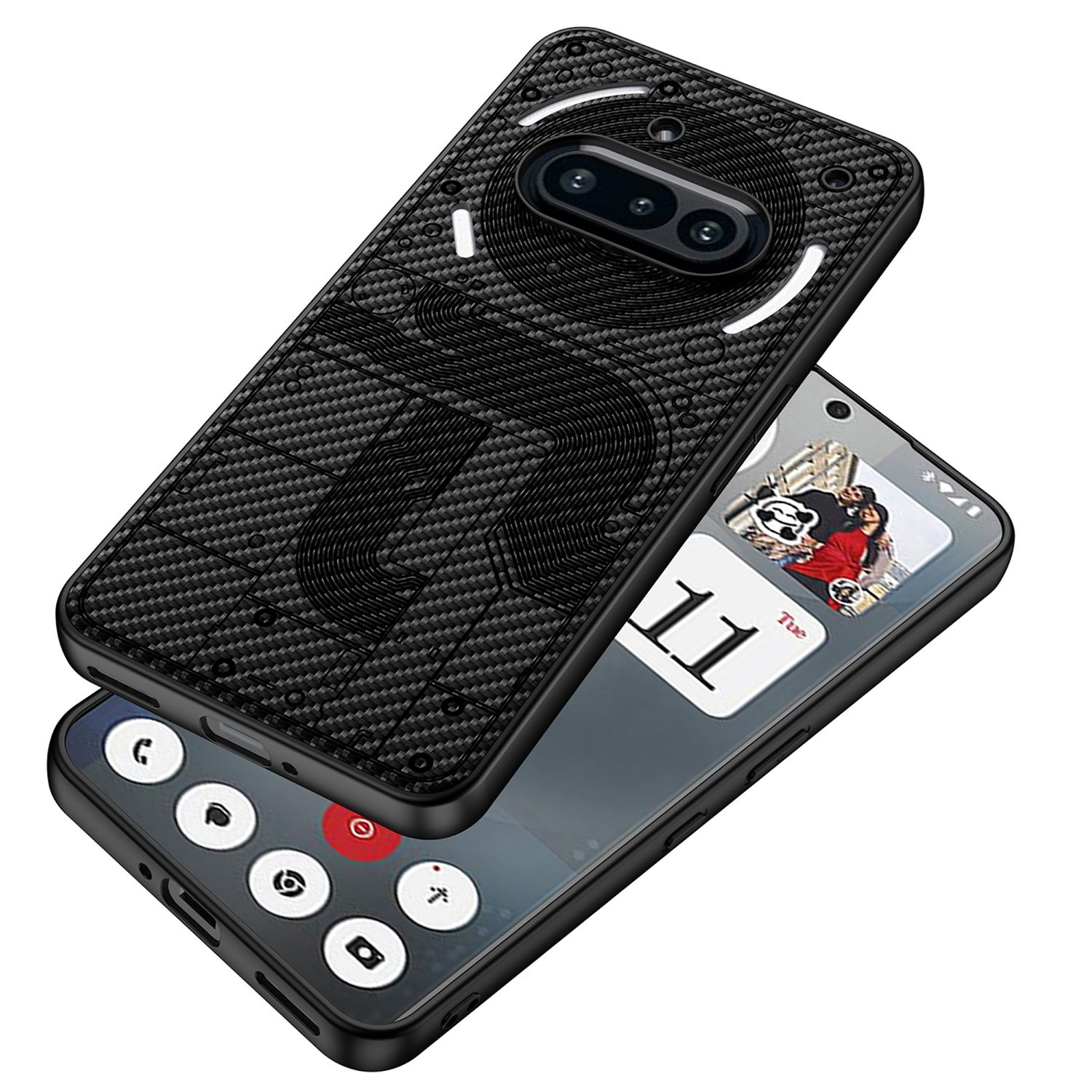 Schwarze Handyhülle mit Schaltungsdesign, Telefonbildschirm zeigt App-Symbole. Ein anderes Telefon darunter.