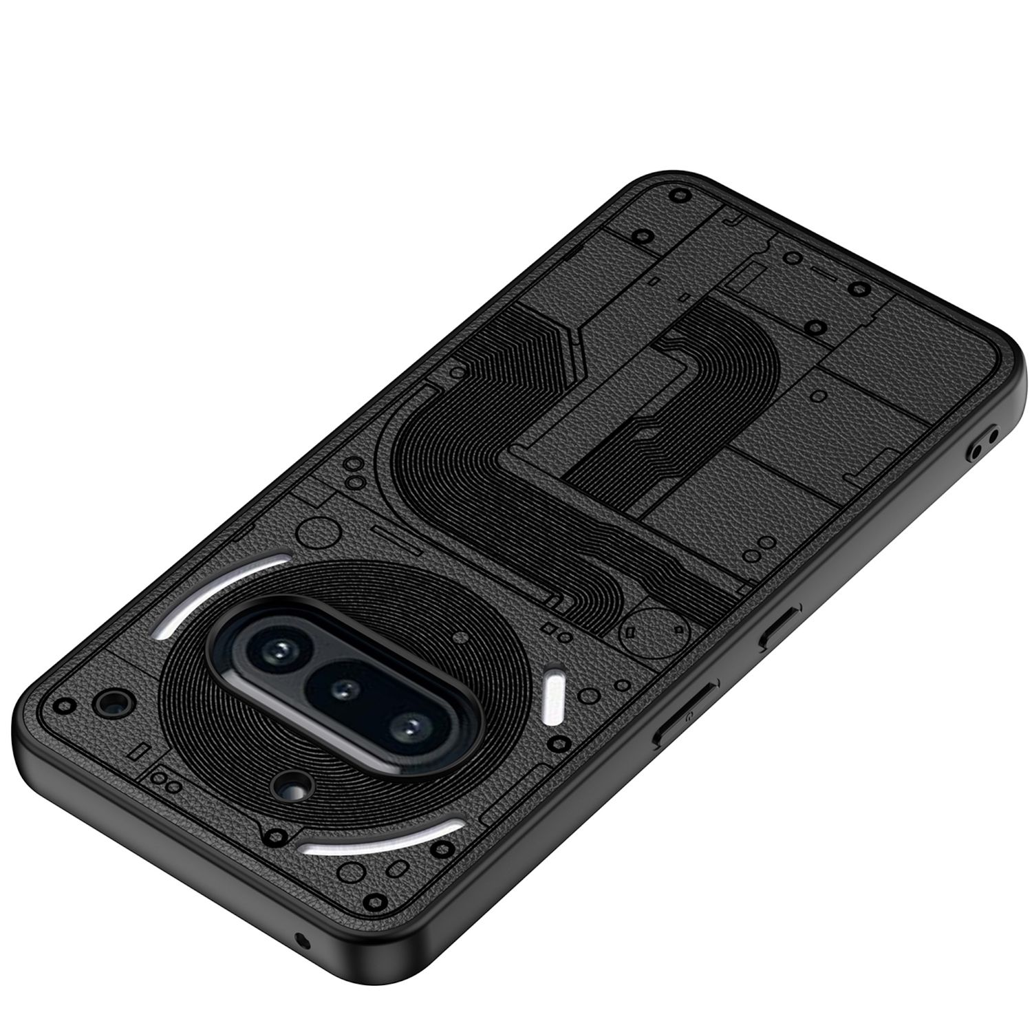 Schwarze Handyhülle mit Leiterplattendesign, drei Kameralinsen. Das Design ist auf der Hülle geprägt.