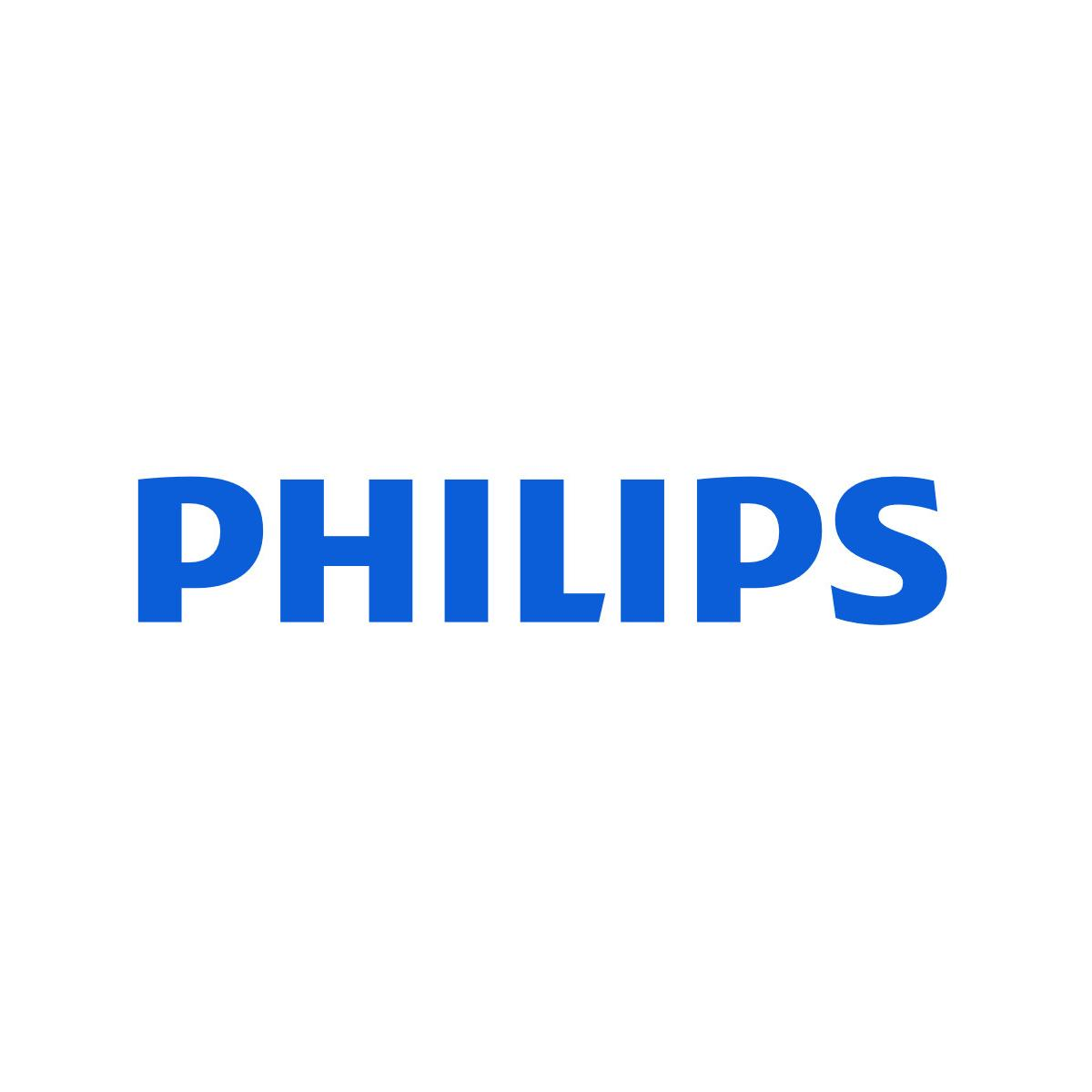 The word PHILIPS in blue letters on a white background. Simple, clear, and bold typography.