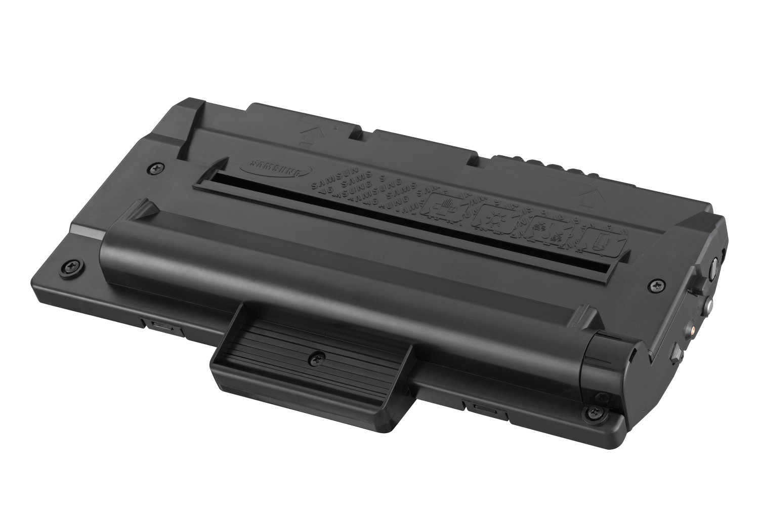 Una cartuccia toner per stampante Samsung nera su sfondo bianco.