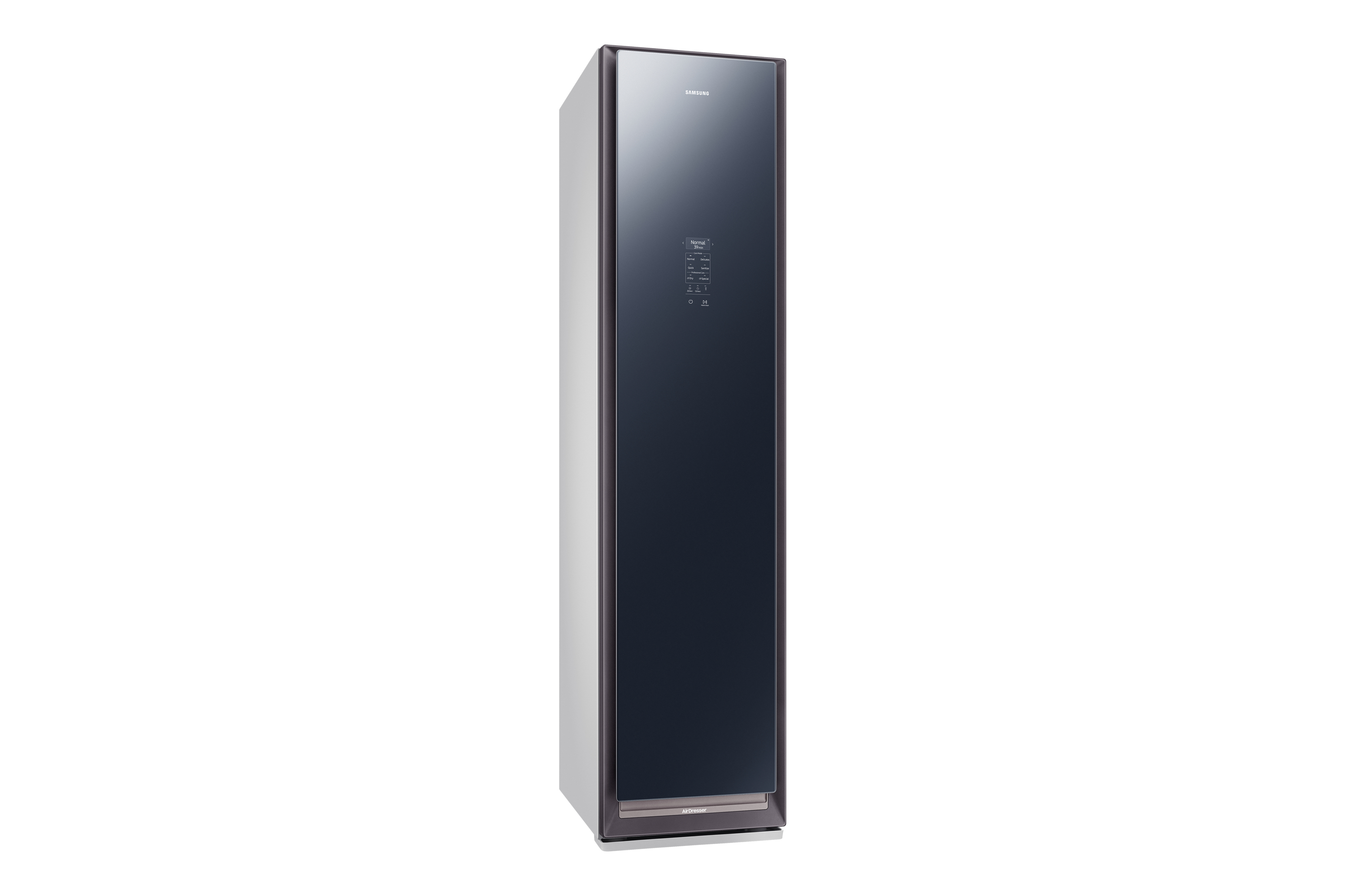 Beyaz arka planda uzun, siyah bir Samsung AirDresser.