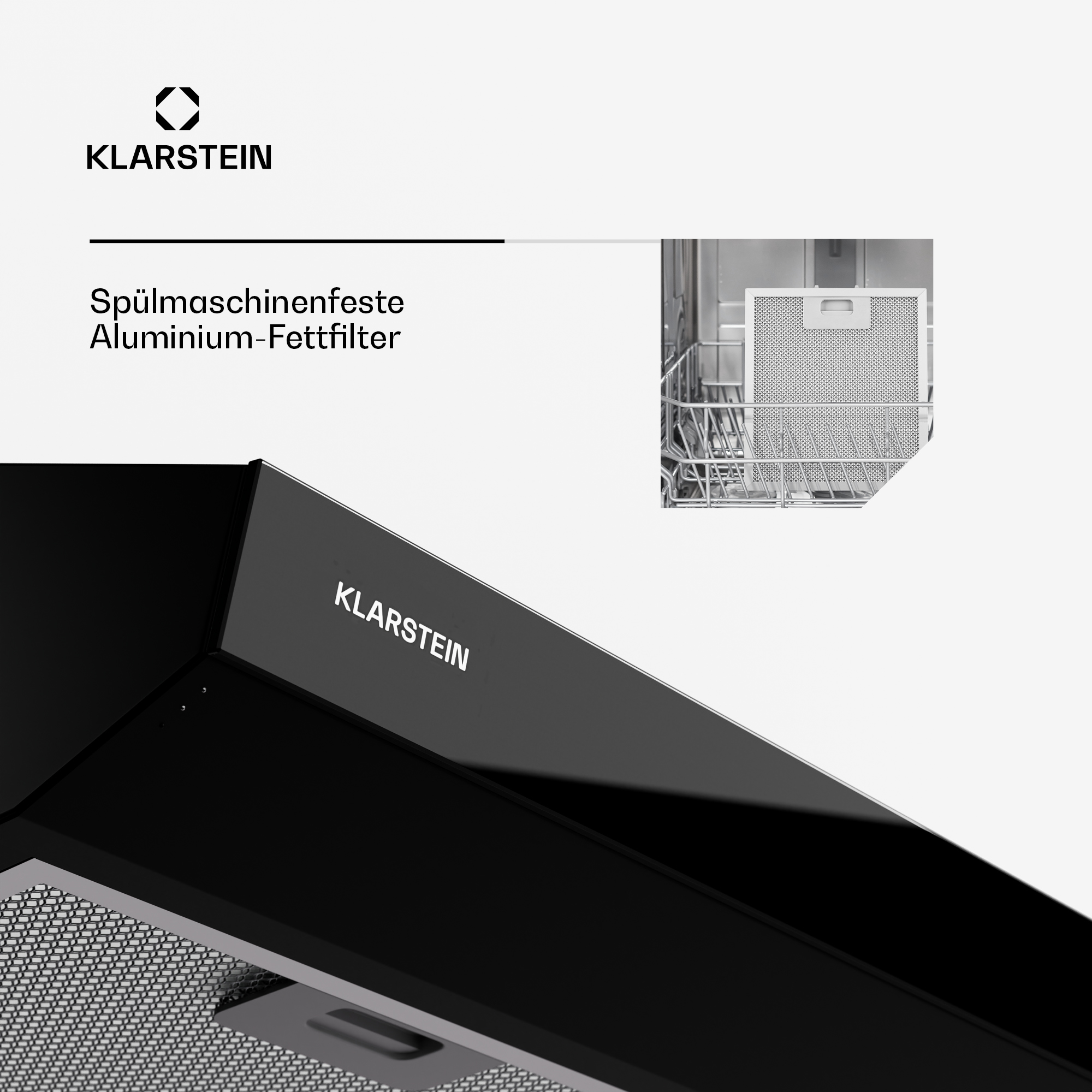 Cappa nera con logo Klarstein e filtro antigrasso in alluminio.
