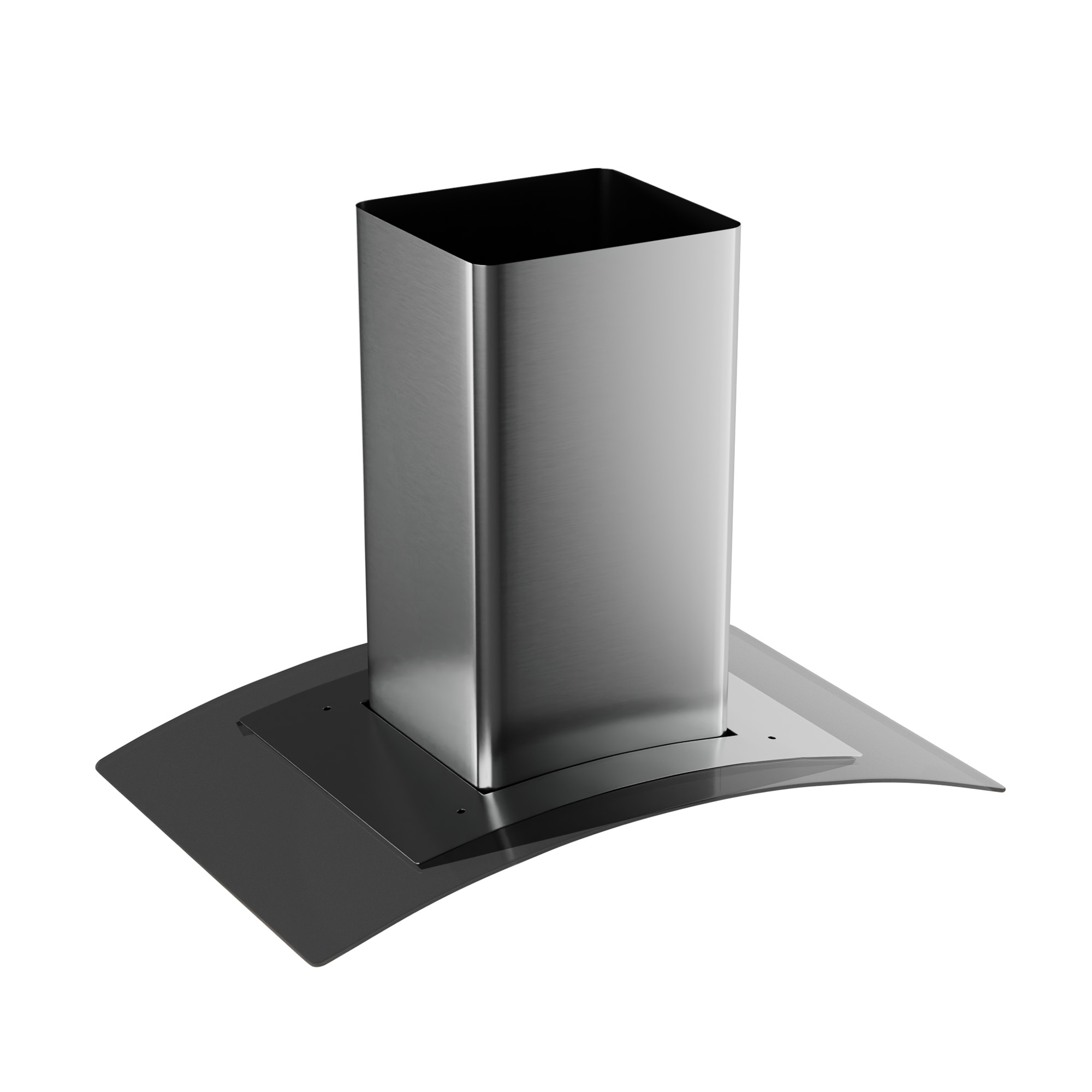 Cappa in acciaio inox. Ha un tubo quadrato e una base in vetro curvo.