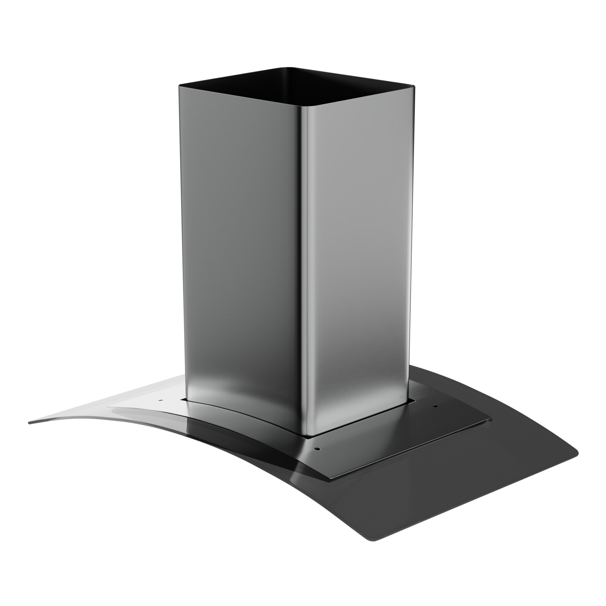 Cappa in acciaio inox. Ha un tubo quadrato e una base in vetro curvo.