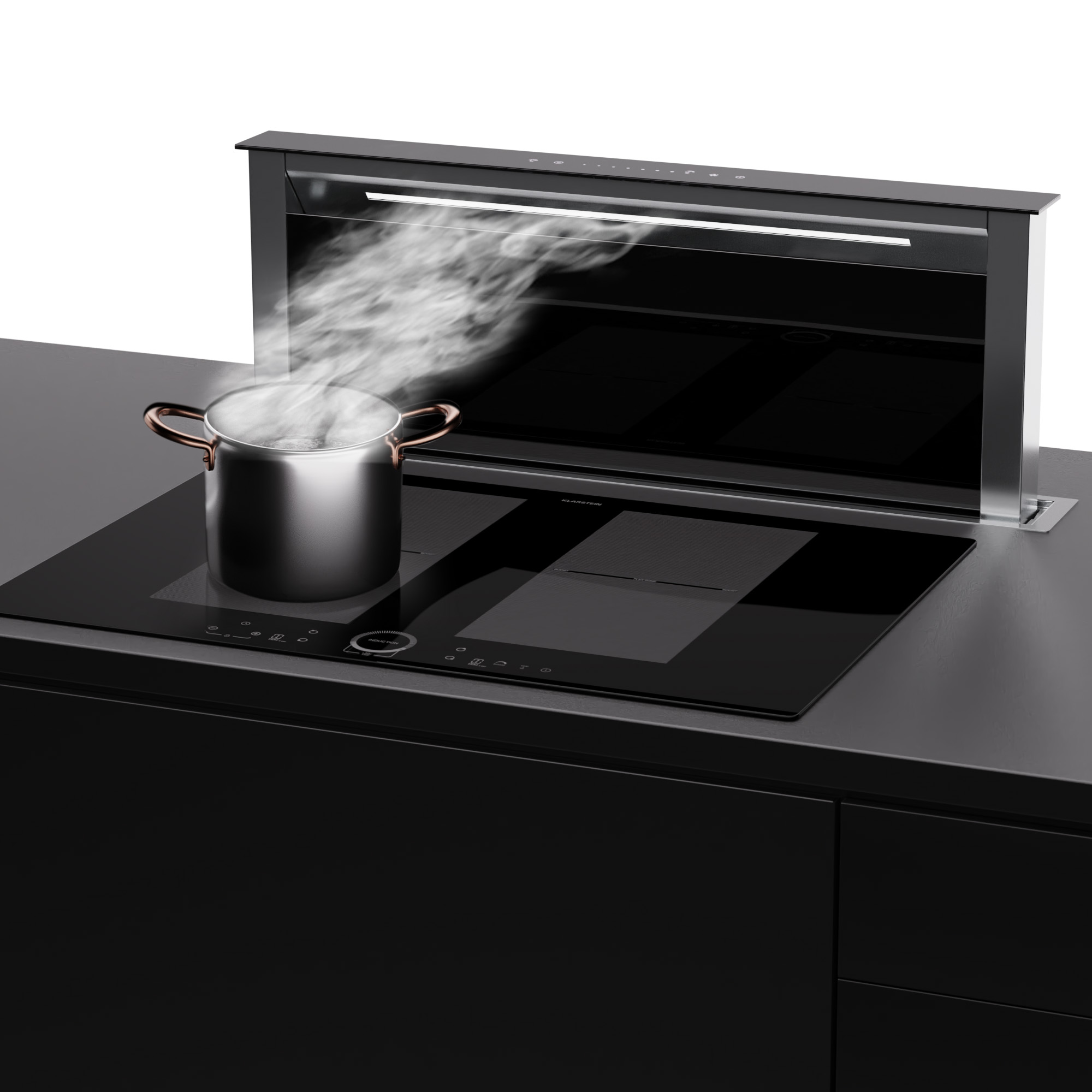Pentola con acqua bollente su piano cottura nero. Fumo che sale verso la cappa aspirante.