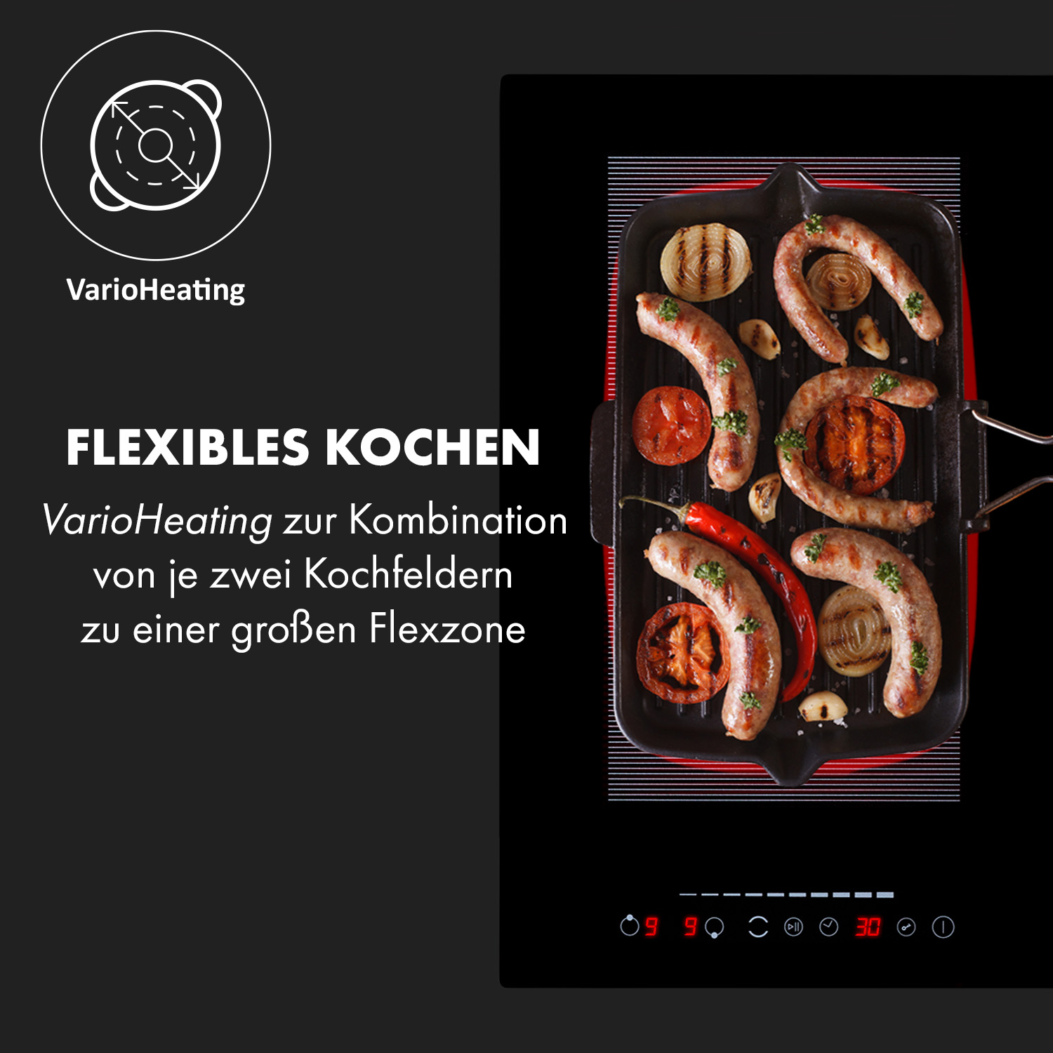 Ein schwarzes Kochfeld mit Würstchen, Tomaten und Zwiebeln, die darauf kochen.