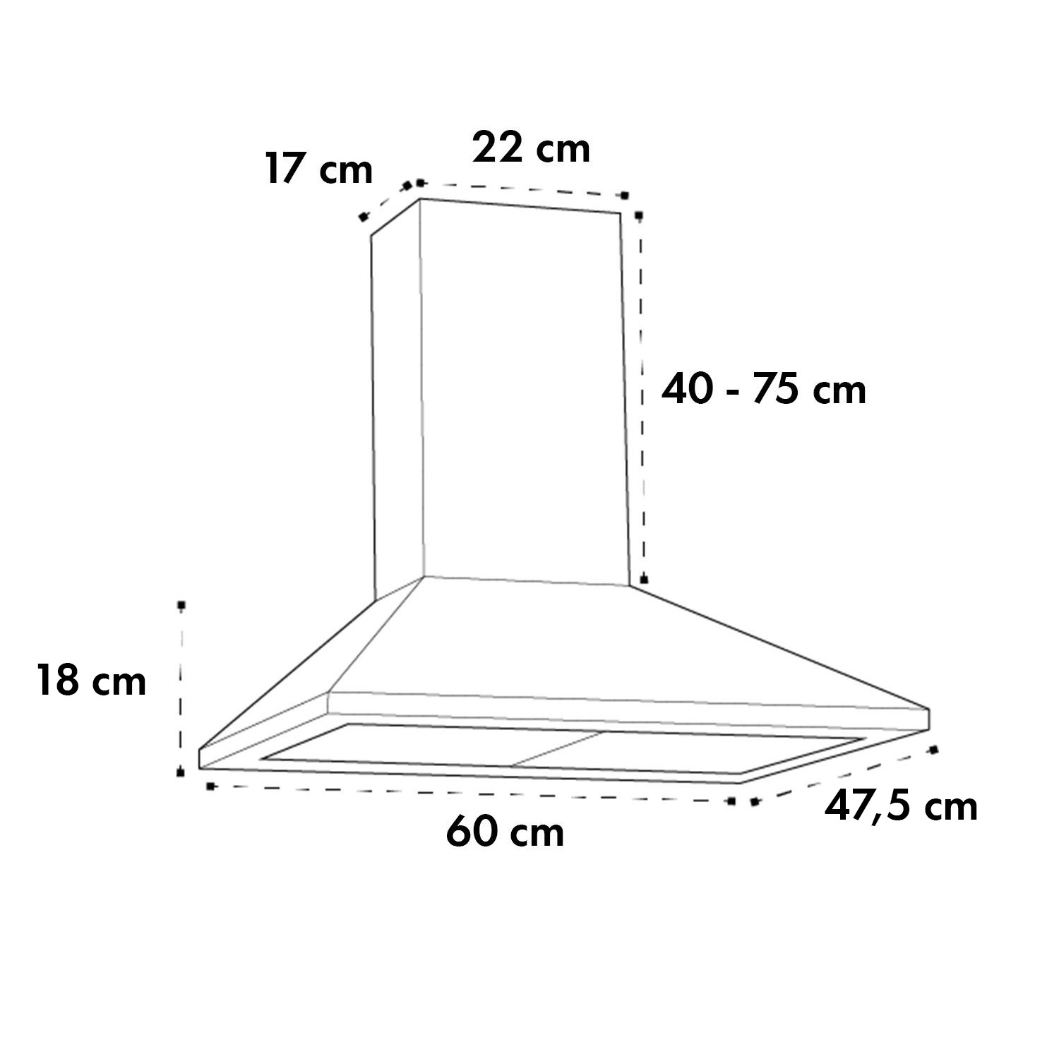 Un diagrama con las dimensiones de una campana extractora con flechas y medidas.