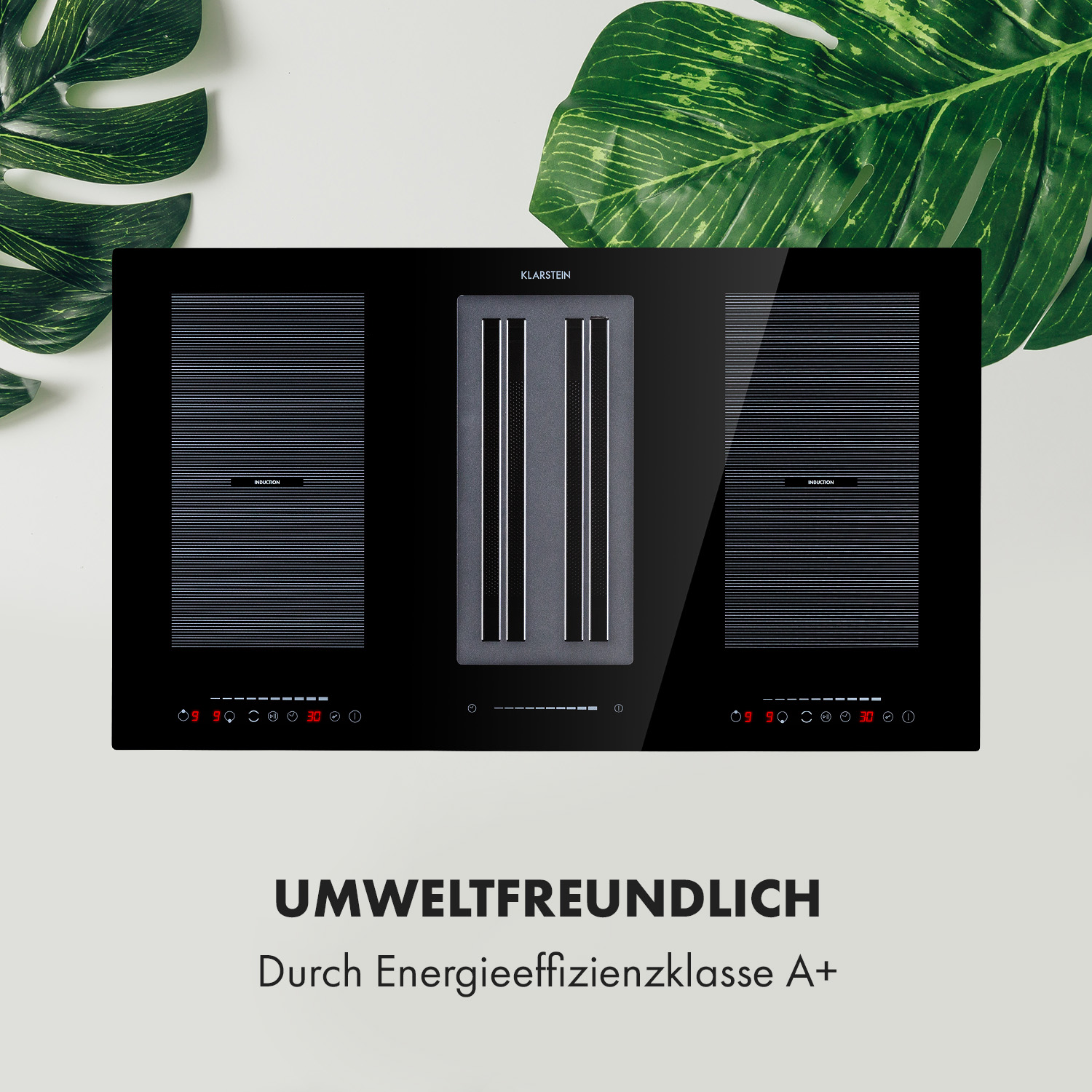 Schwarzes Induktionskochfeld mit silbernen Akzenten, grüner Blatt-Hintergrund.