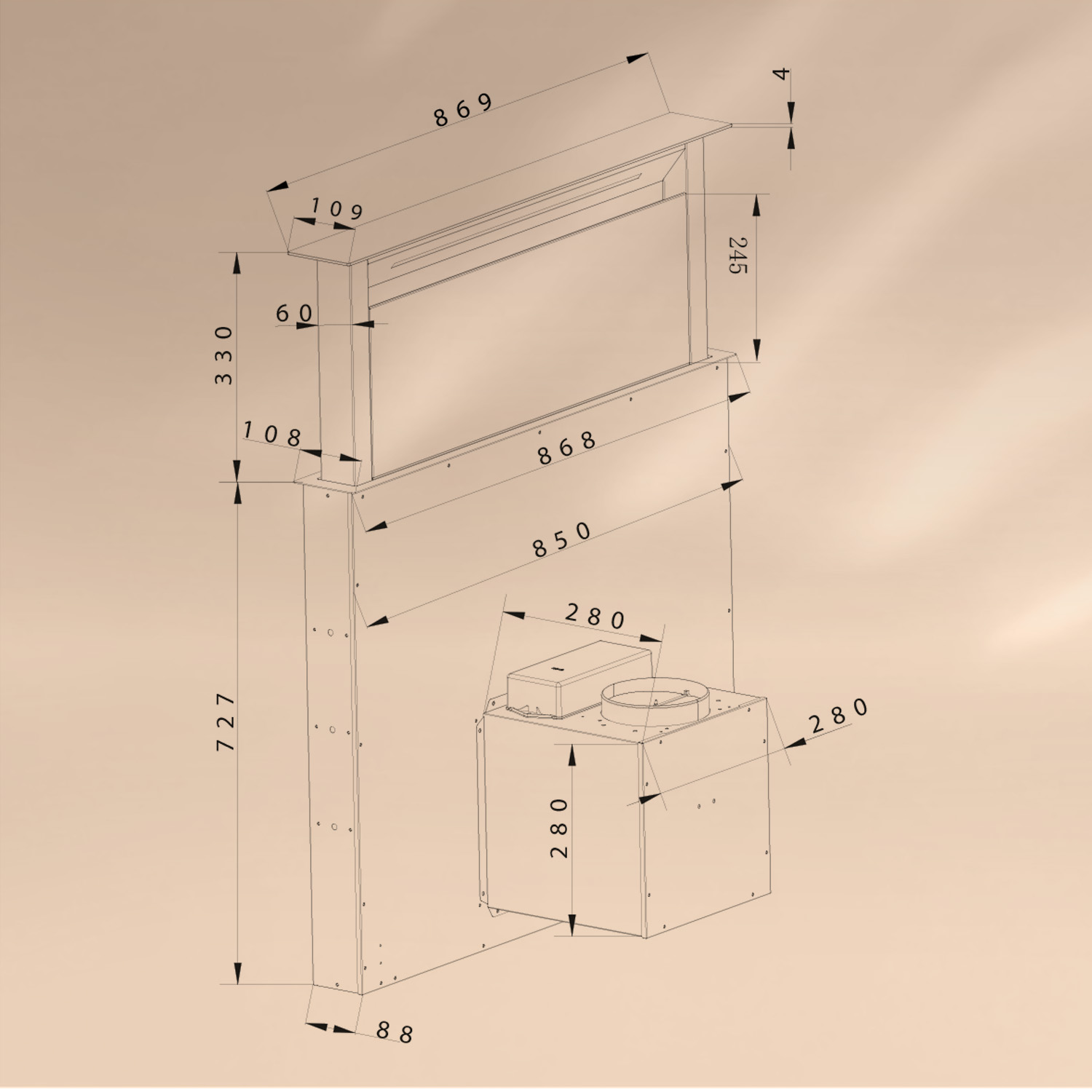 Diagramma con dimensioni di una cappa aspirante, che mostra dimensioni e misure.