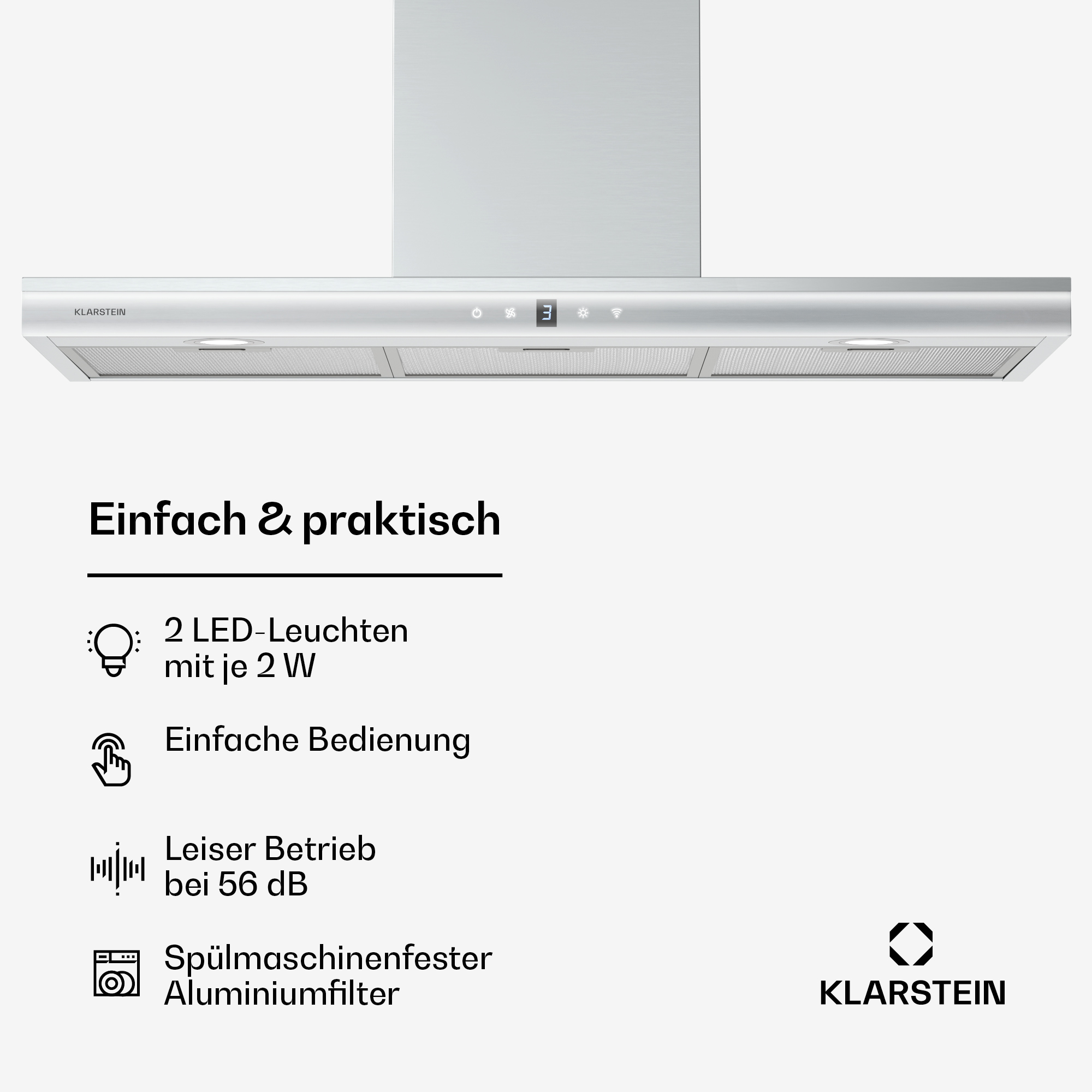 Silberne Dunstabzugshaube mit Touchpanel, LED-Leuchten und Produktdetails.