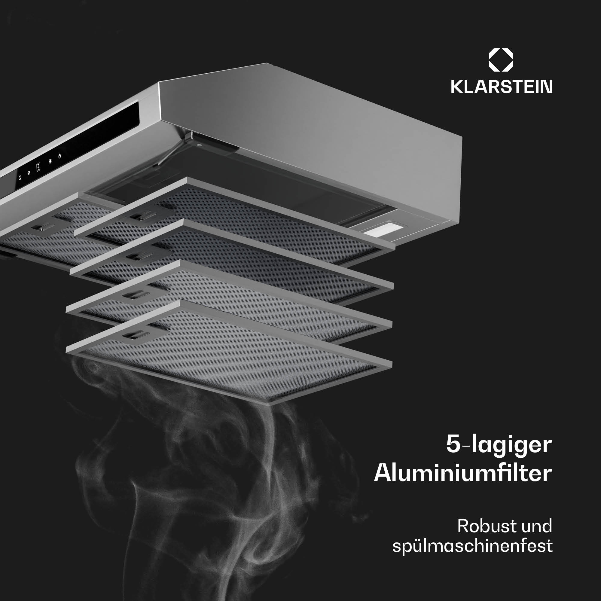 Cappa argento con filtro in alluminio a 5 strati e logo Klarstein su sfondo nero.