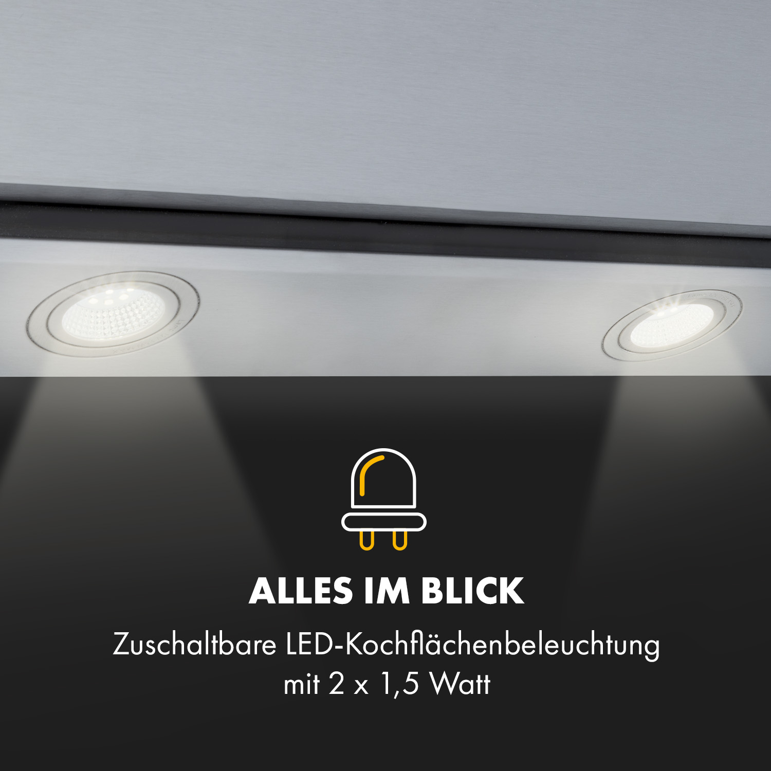 Primer plano de una campana extractora con dos luces LED y el texto "Alles im Blick" en alemán.