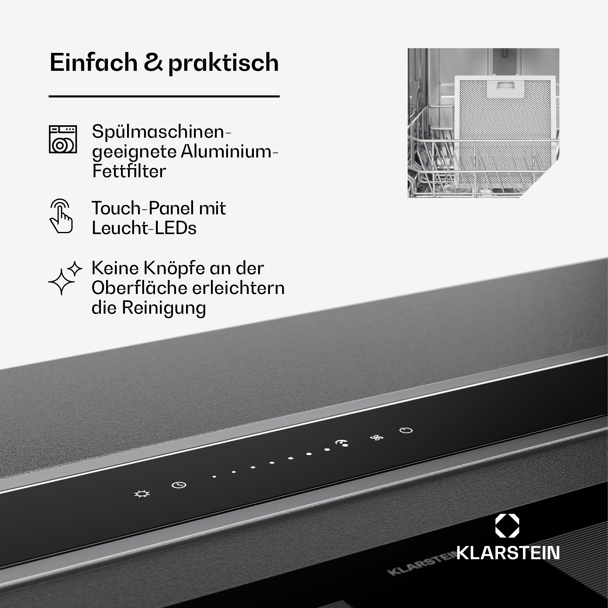 Primo piano del pannello di controllo di una cappa con touch-panel e LED illuminati, testo: Semplice e pratico.