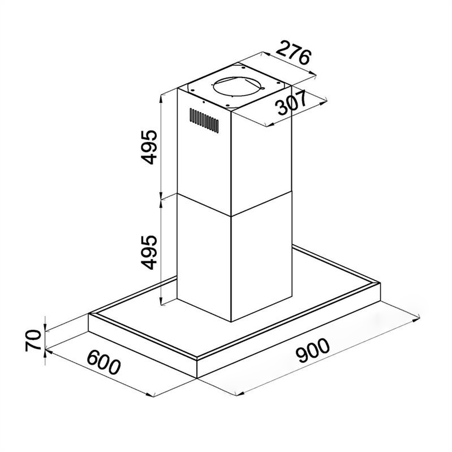 Diagrama de campana extractora, mostrando dimensiones. La campana es rectangular con chimenea rectangular.