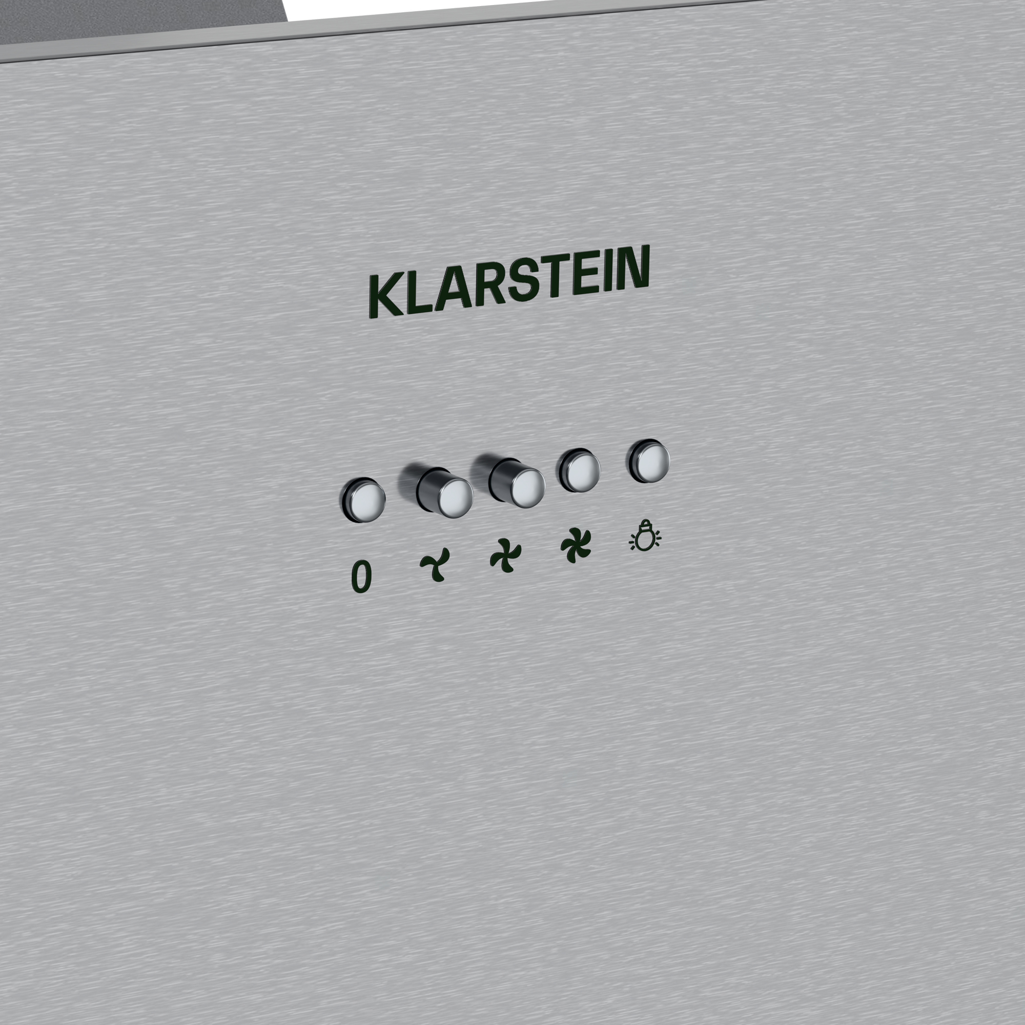 Panel de control de campana plateado con botones y el logotipo Klarstein.