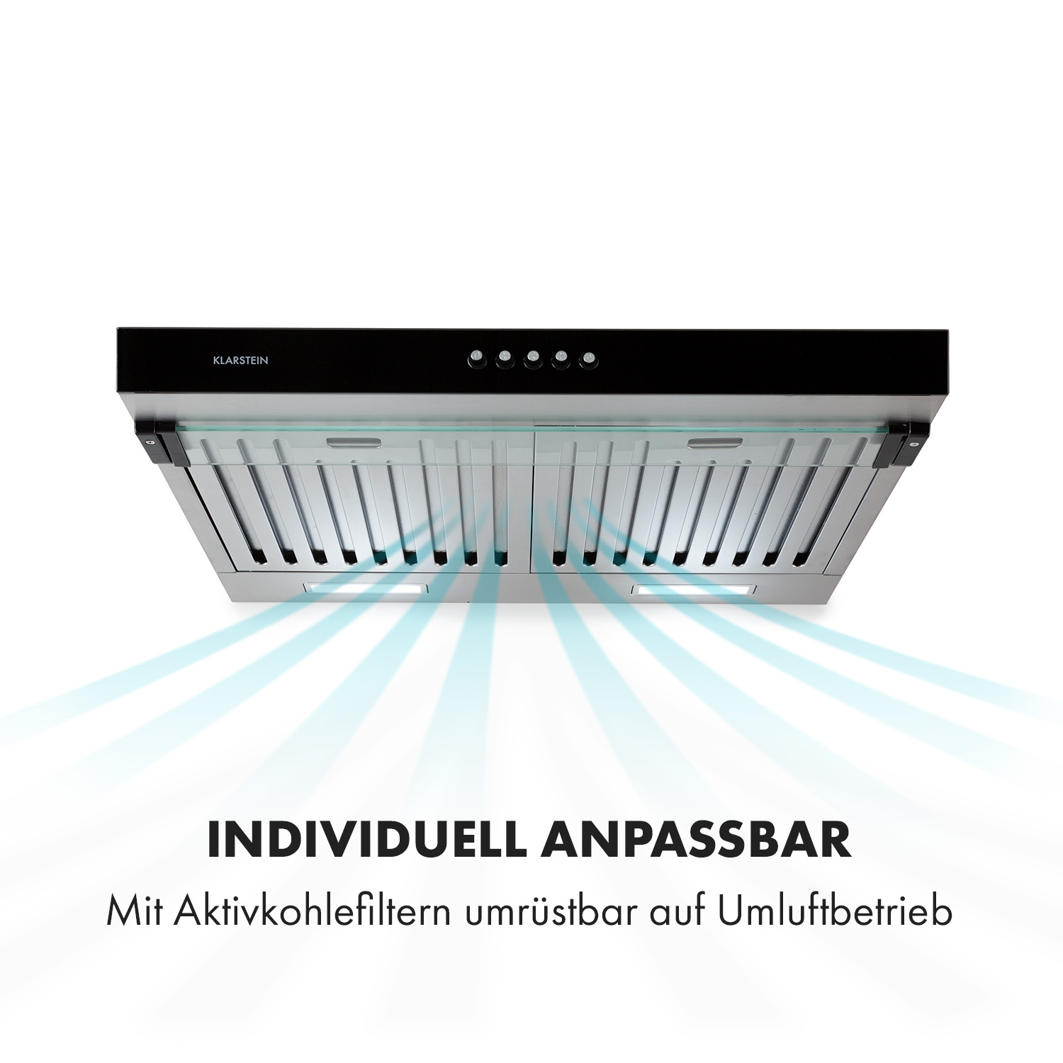 Eine silberne Dunstabzugshaube mit eingeschalteten Lichtern, mit Klarstein-Logo und Text.