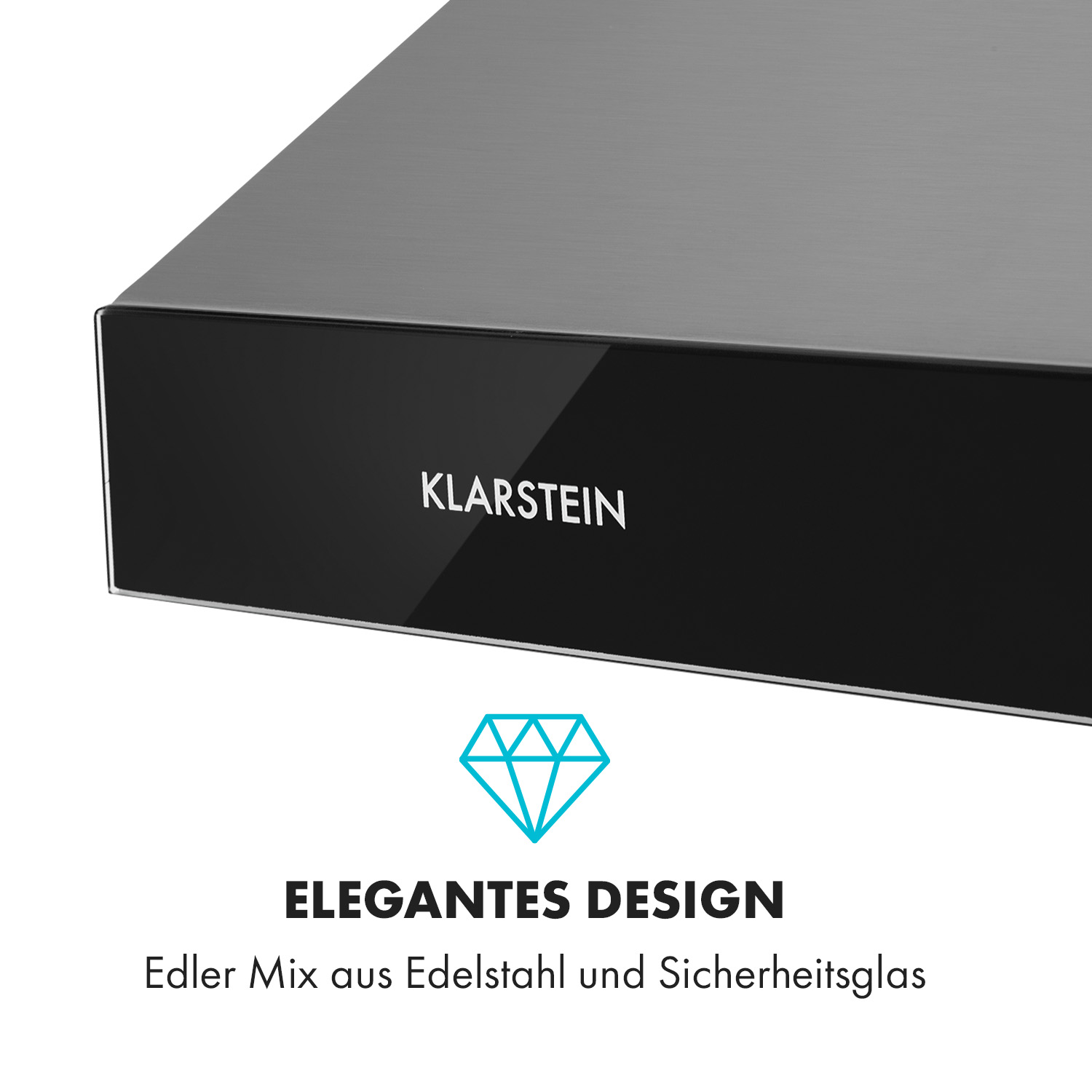 Nahaufnahme einer silbernen Dunstabzugshaube mit Klarstein-Logo und Text 'ELEGANTES DESIGN'.