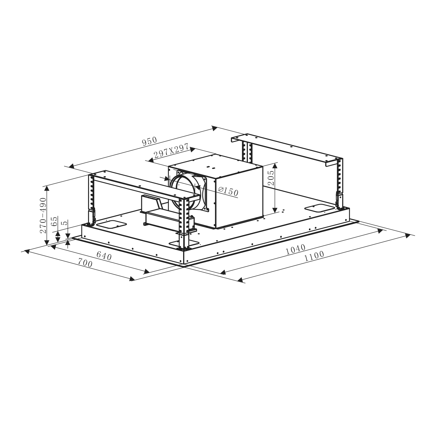 Disegno tecnico di una cappa aspirante, che mostra dimensioni e componenti interni. Forma rettangolare.