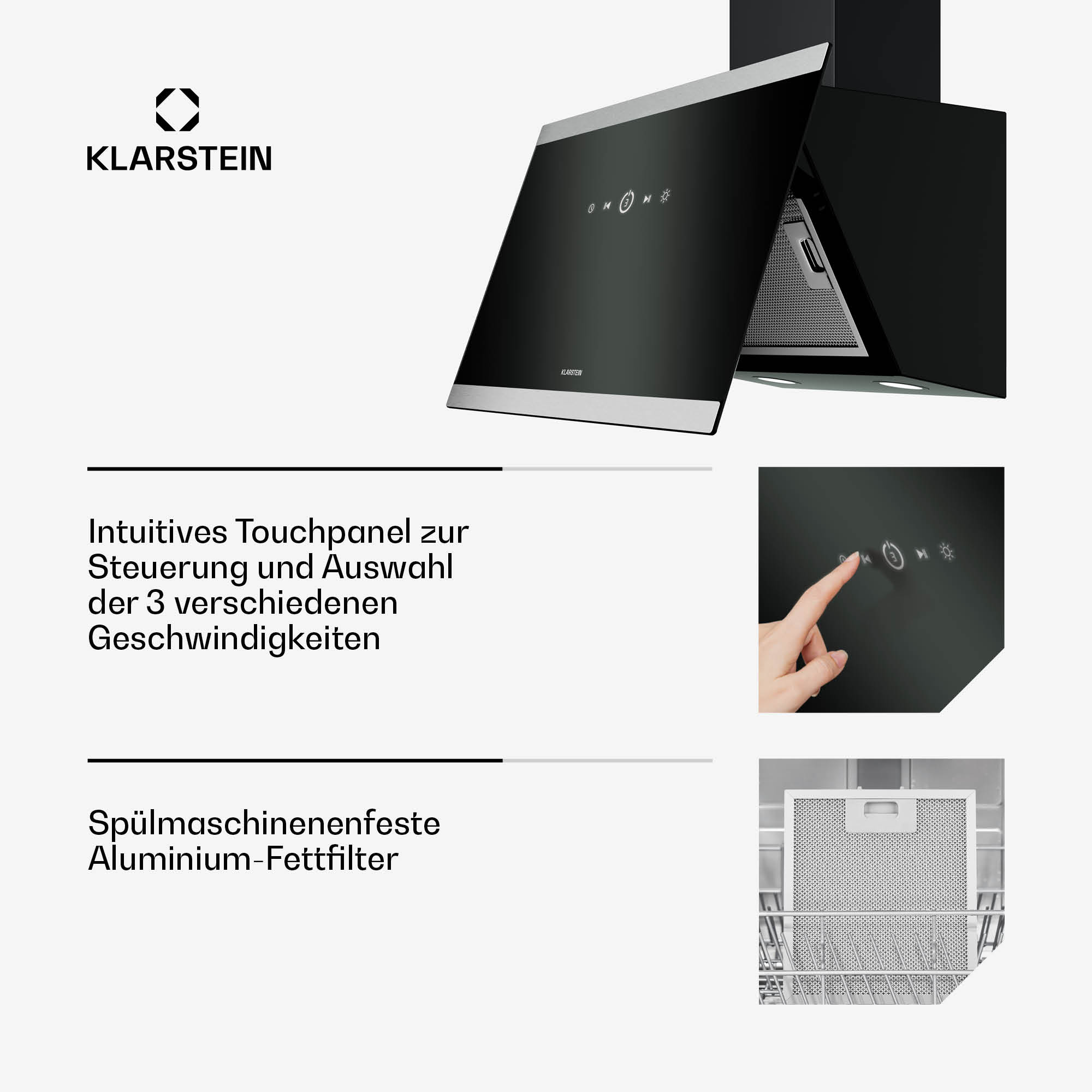 Cappa moderna nera con pannello touch. Mostra il logo Klarstein e ha un design elegante.