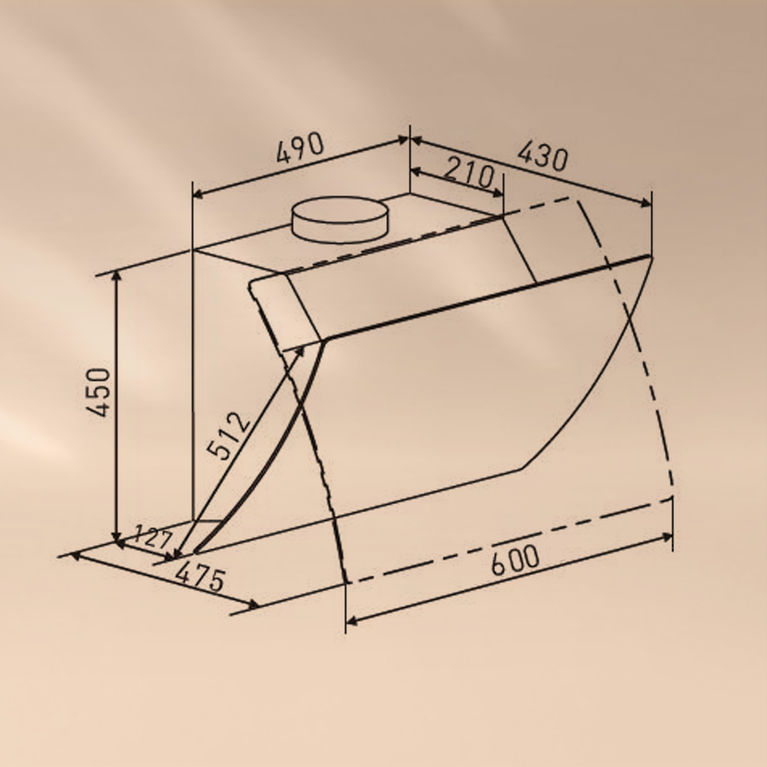 Dibujo técnico de una campana extractora, mostrando dimensiones y componentes internos. Forma trapezoidal.