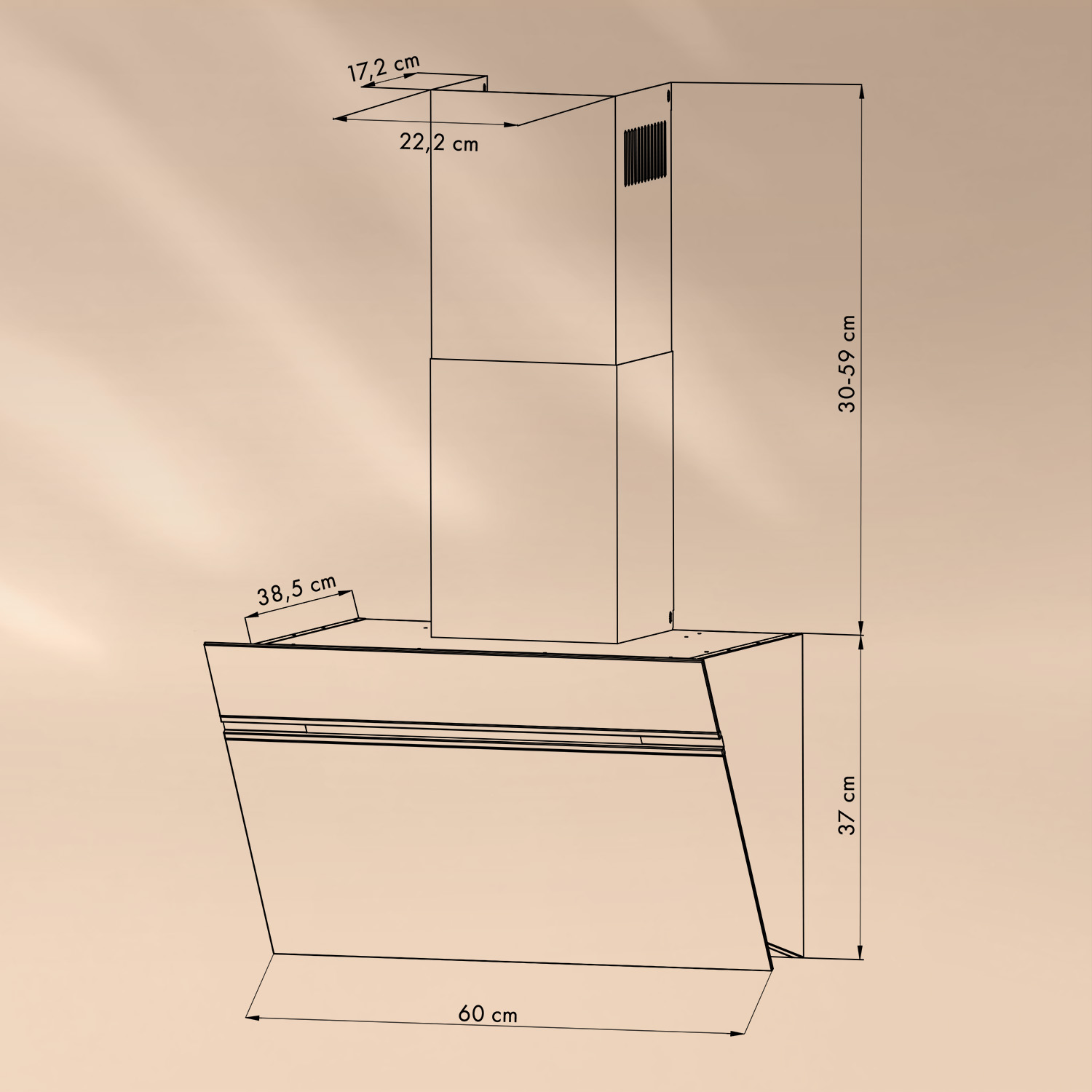 Dibujo técnico de una campana extractora, mostrando dimensiones. Forma rectangular con chimenea.