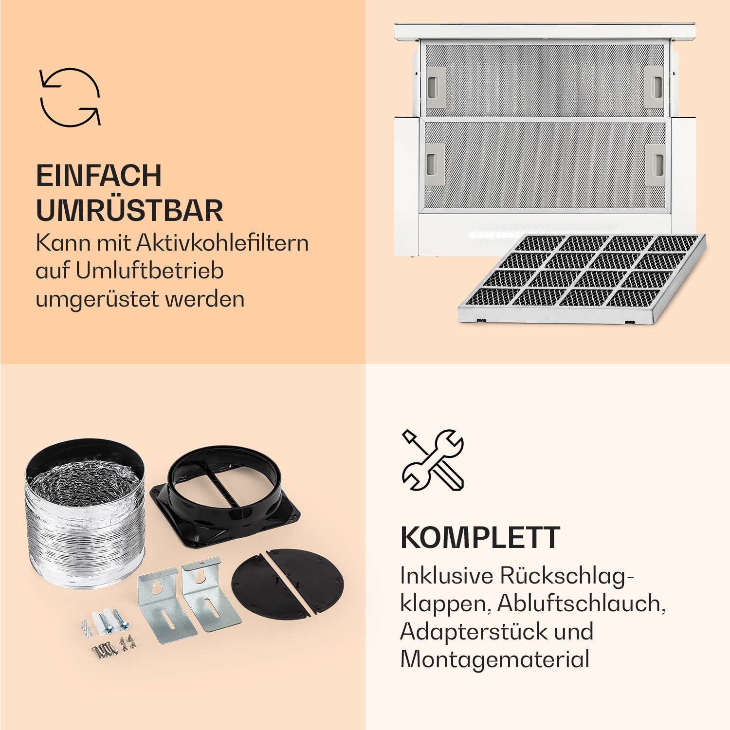 Ein Diagramm einer Dunstabzugshaube, das die Abmessungen des Geräts zeigt.