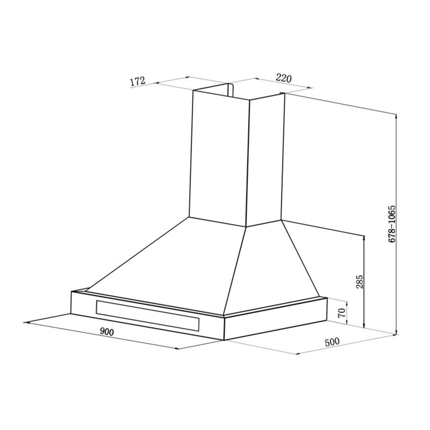 Ein Diagramm einer Dunstabzugshaube, das die Abmessungen des Geräts zeigt.