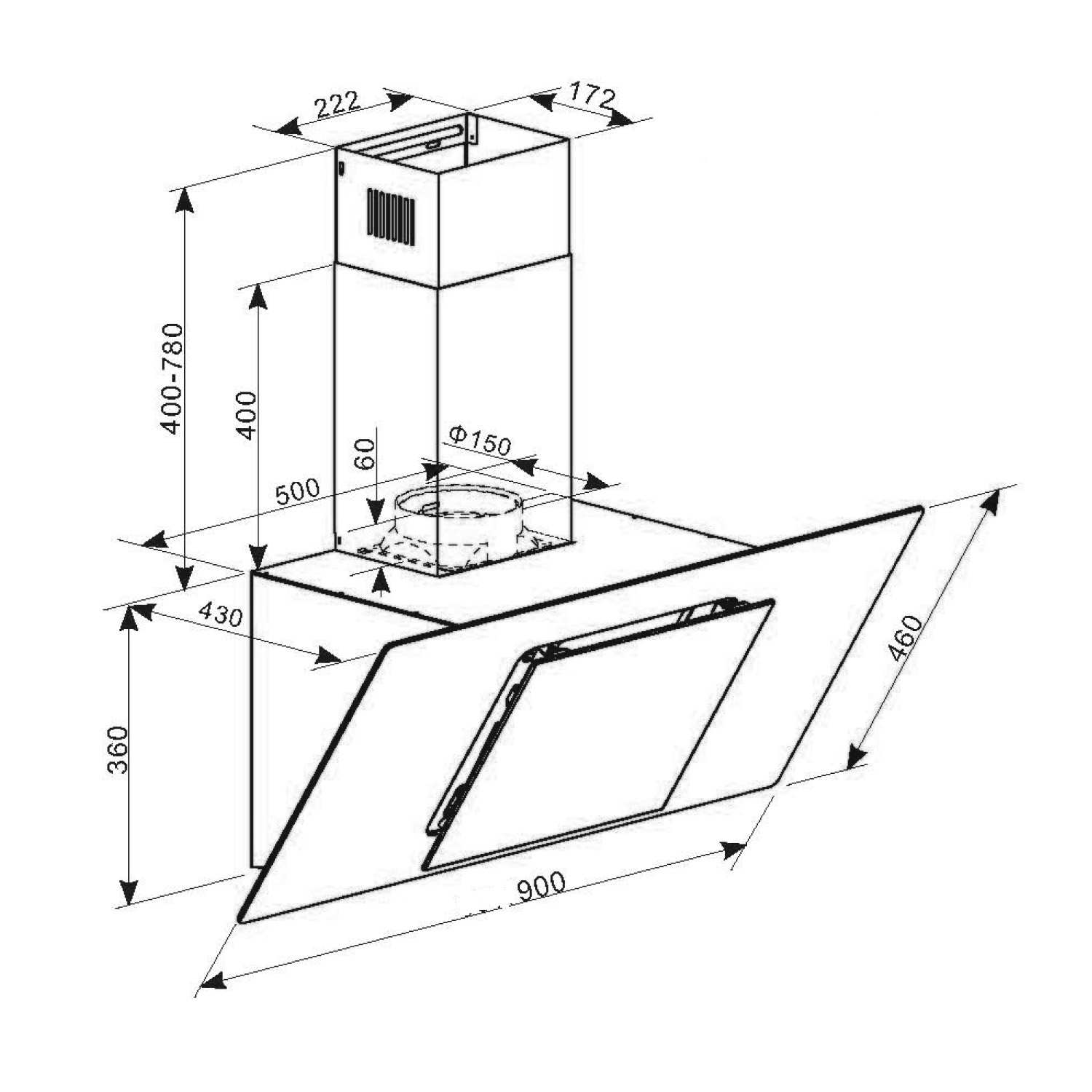 Dibujo técnico de una campana extractora de cocina con dimensiones, que muestra su estructura y partes.