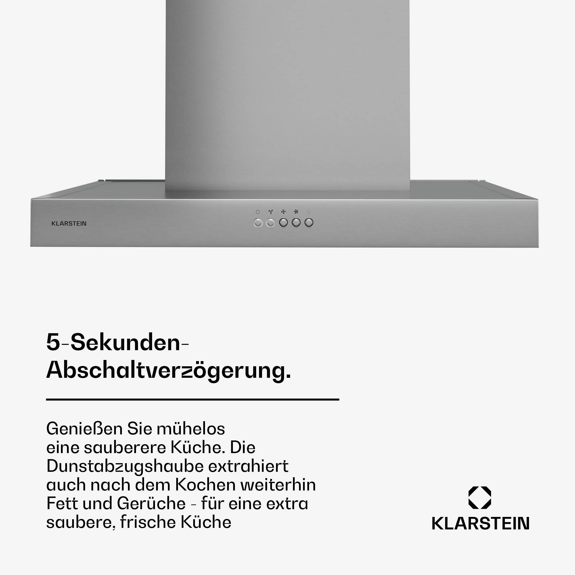 Campana extractora en una cocina con la marca Klarstein. Texto: Retardo de 5 segundos, cocina extra limpia.