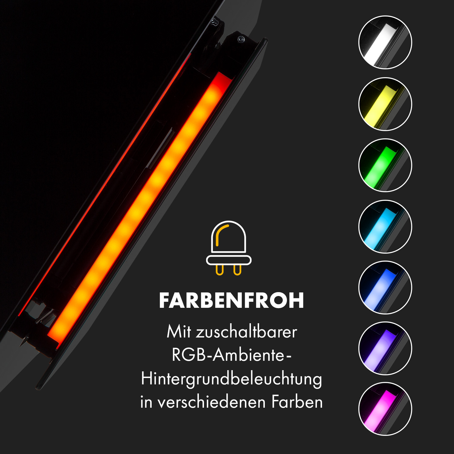 Elettrodomestico nero con luci multicolore. Testo: Illuminazione RGB.