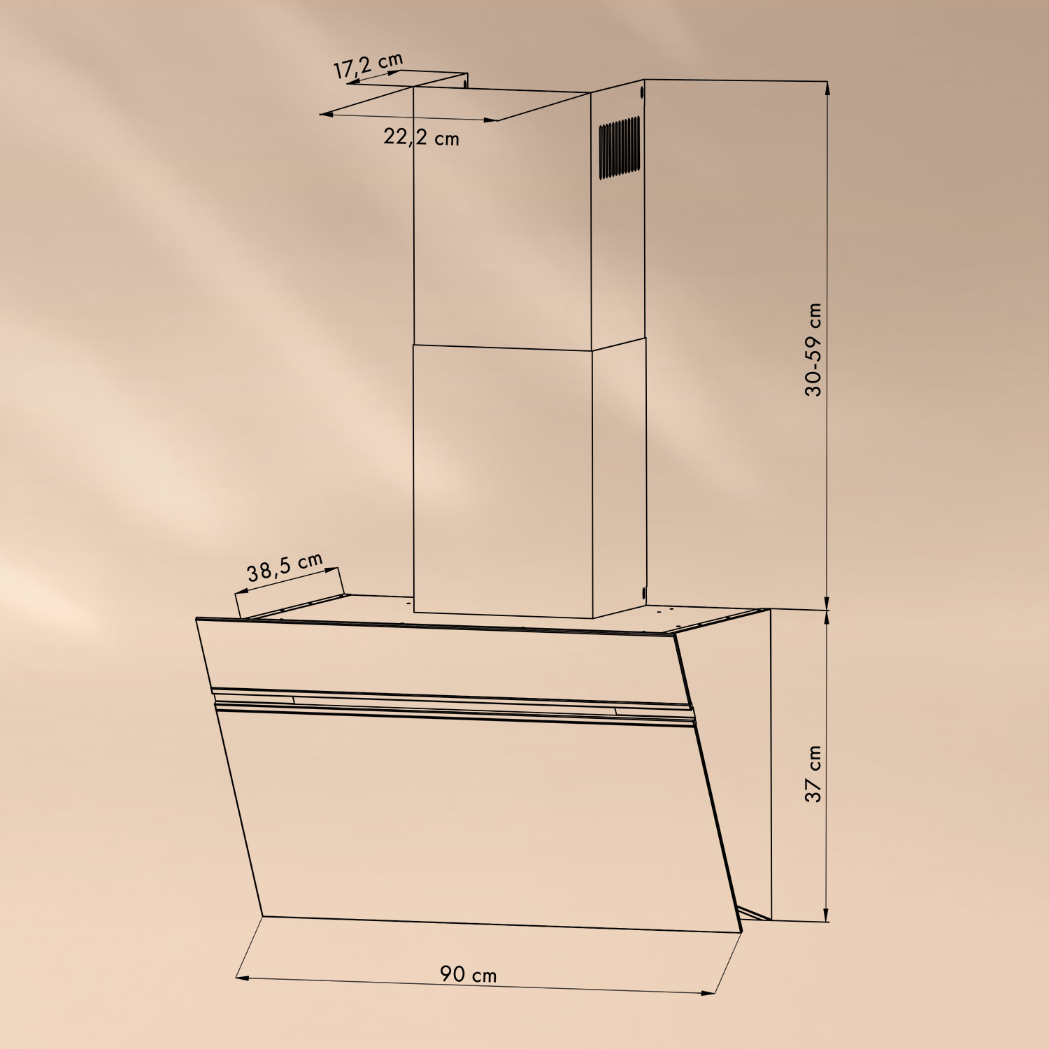 Dibujo técnico de una campana extractora, con dimensiones en centímetros y fondo beige.