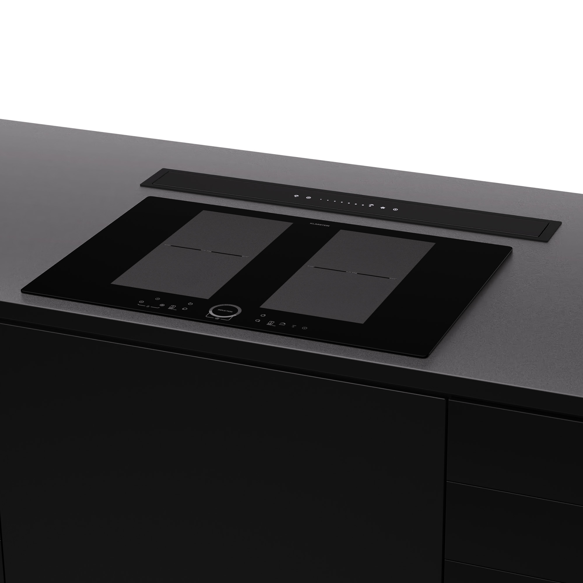 Piano cottura a induzione nero su piano grigio. Ha due zone cottura e comandi touch.