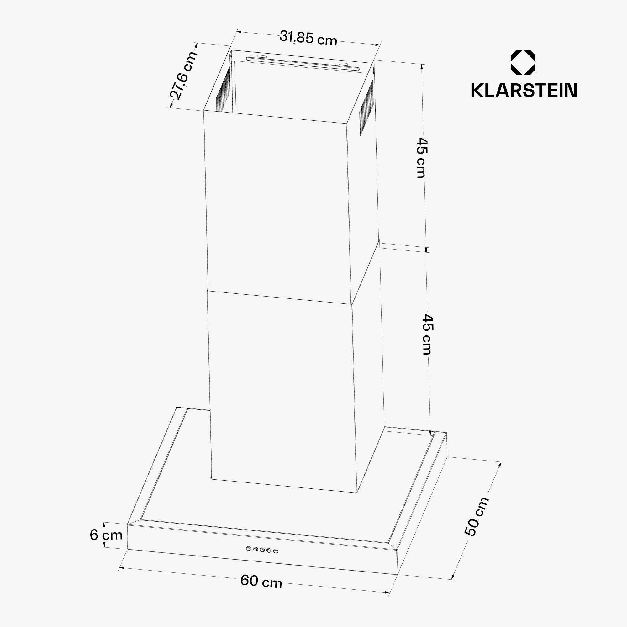 Diagrama de una campana extractora con dimensiones. Incluye altura, ancho y profundidad.
